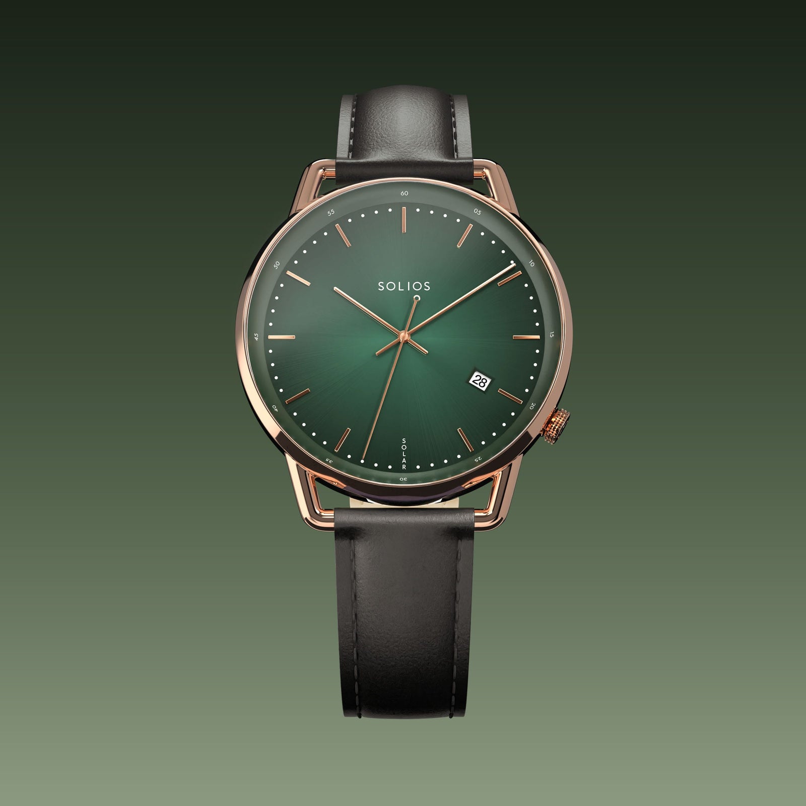 Solios Solar Curve watch, green dial and rose gold 40mm case, on a black vegan leather strap, front view