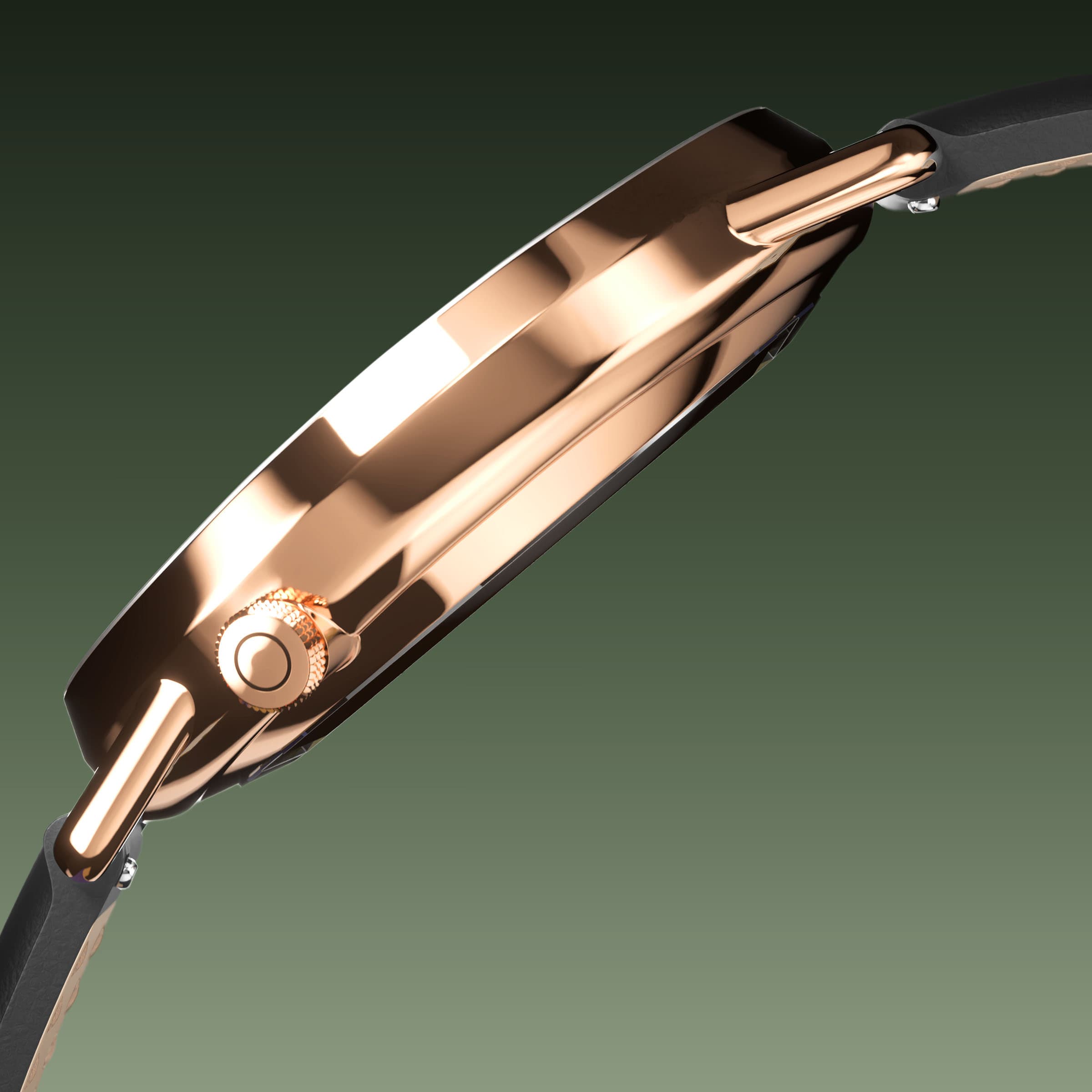 Side profile of the Solios Solar Curve, green dial and rose gold case, showing its curved sapphire crystal and crown, black vegan leather strap