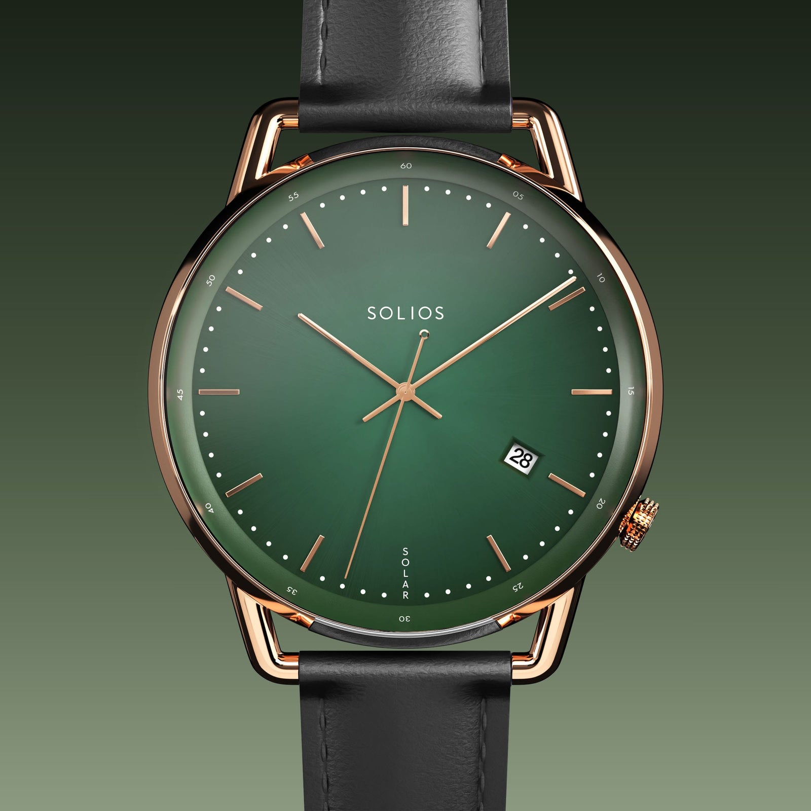 Solios Solar Curve solar watch, green dial and rose gold 40mm case, black vegan leather strap, close up front view