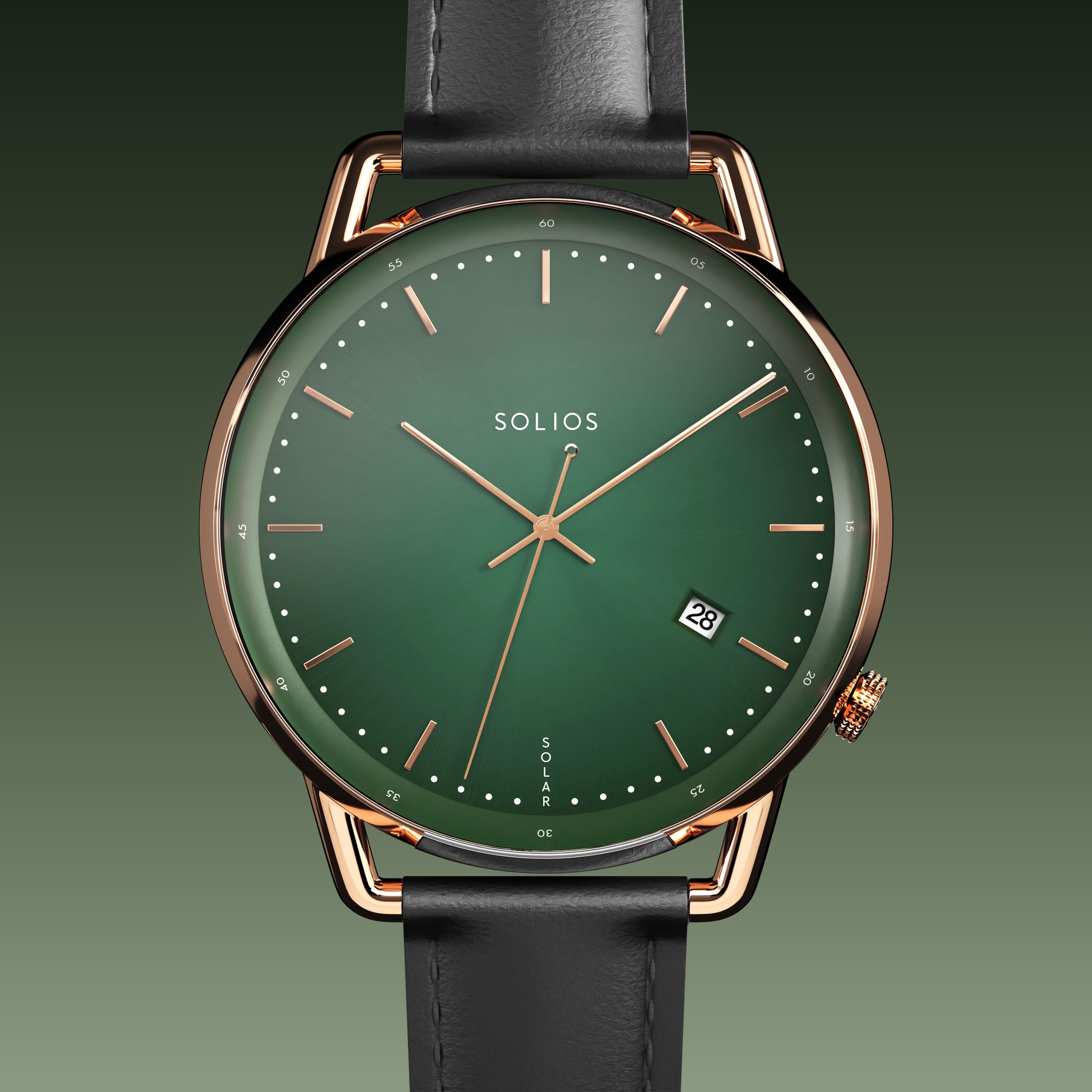 Solios Solar Curve solar watch, green dial and rose gold 40mm case, black vegan leather strap, close up front view