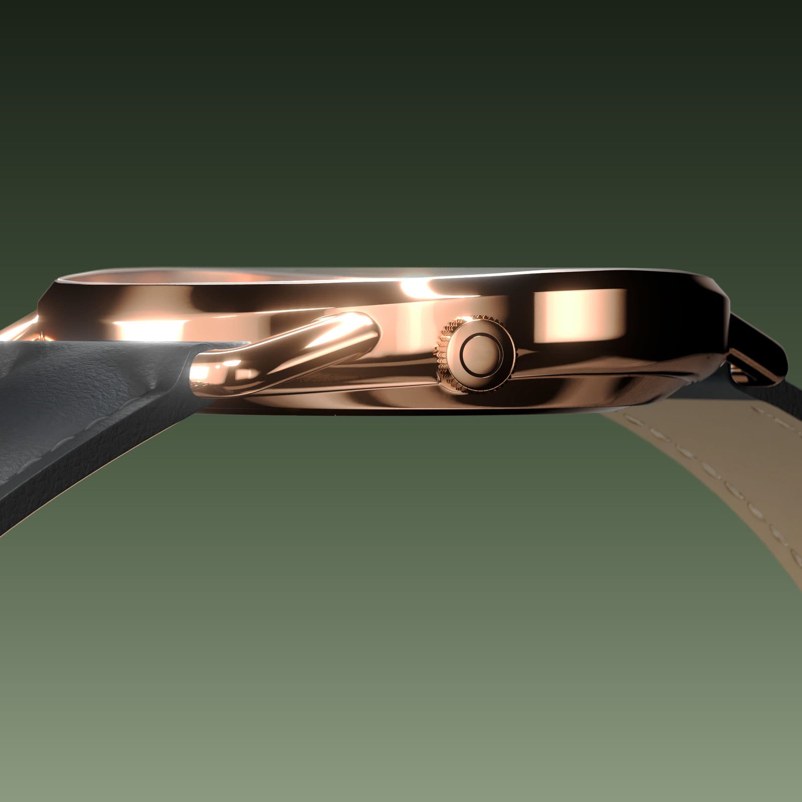 Side profile of the slim Solios Solar Curve, 10mm-thin rose gold case and crown, the green dial variation, black vegan leather strap