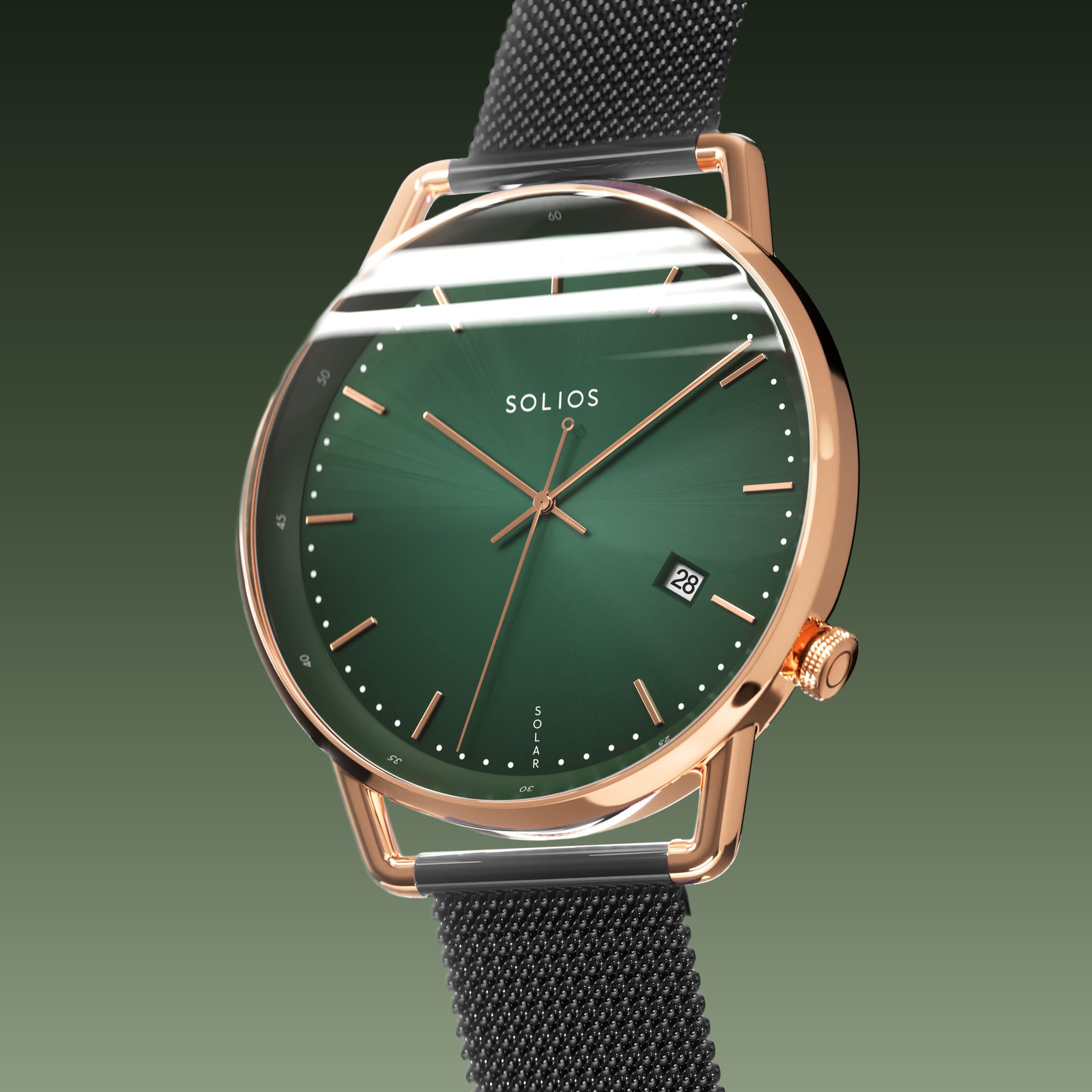 Solios Solar Curve, green dial and rose gold case, at a three-quarter angle, rose gold and indices, date calendar, curved sapphire crystal, black mesh metal strap
