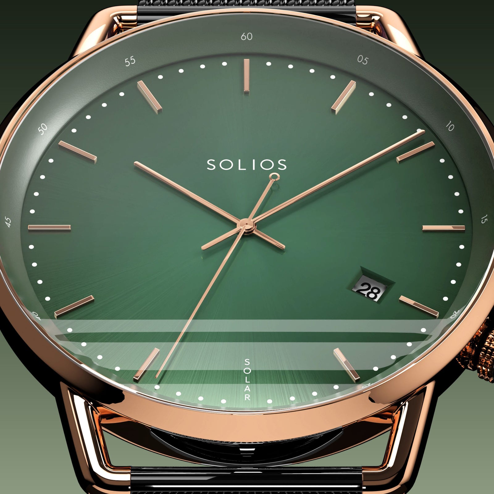 Close-up of the Solios Solar Curve green dial with rose gold hands and case, date and SOLAR text, black mesh metal strap