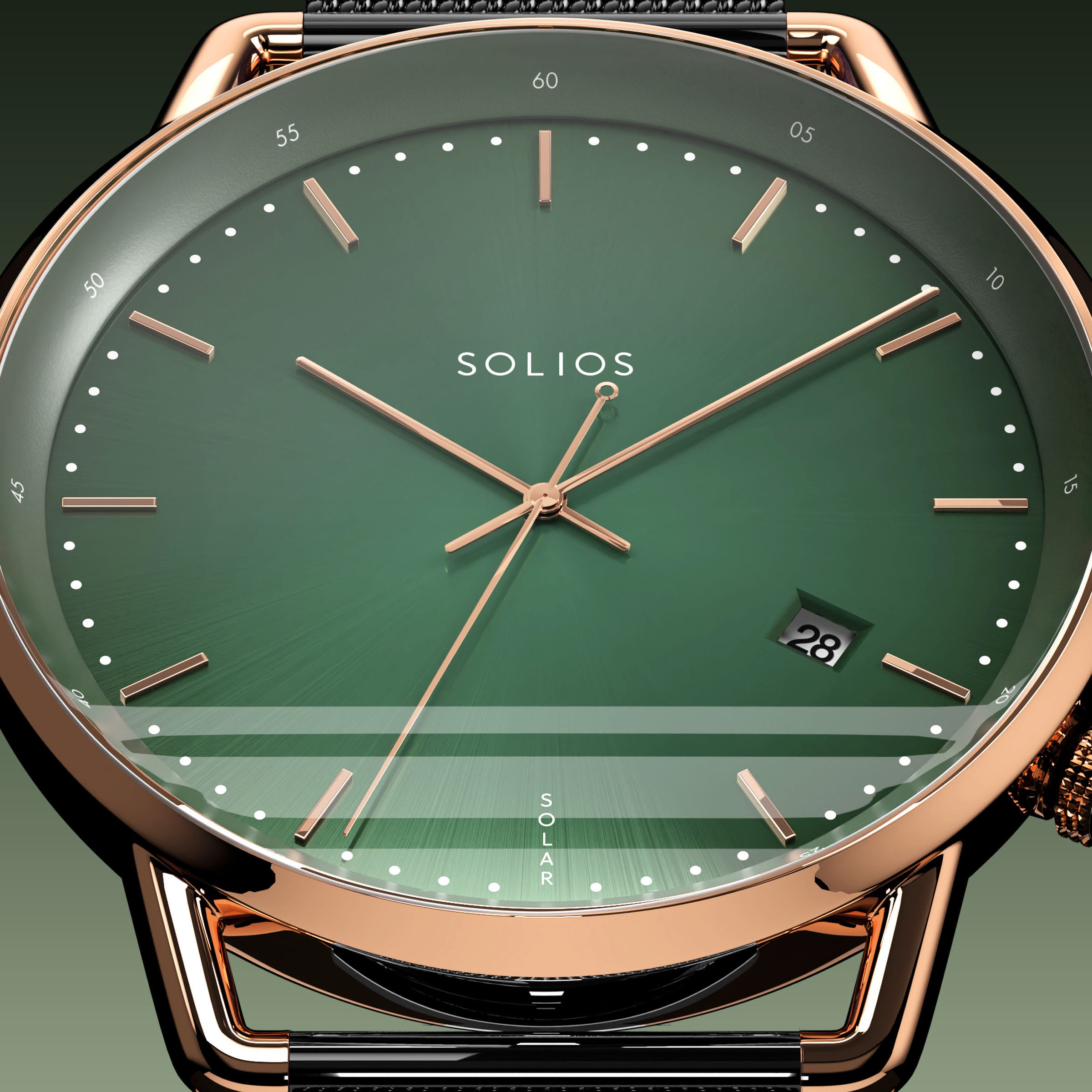 Close-up of the Solios Solar Curve green dial with rose gold hands and case, date and SOLAR text, black mesh metal strap