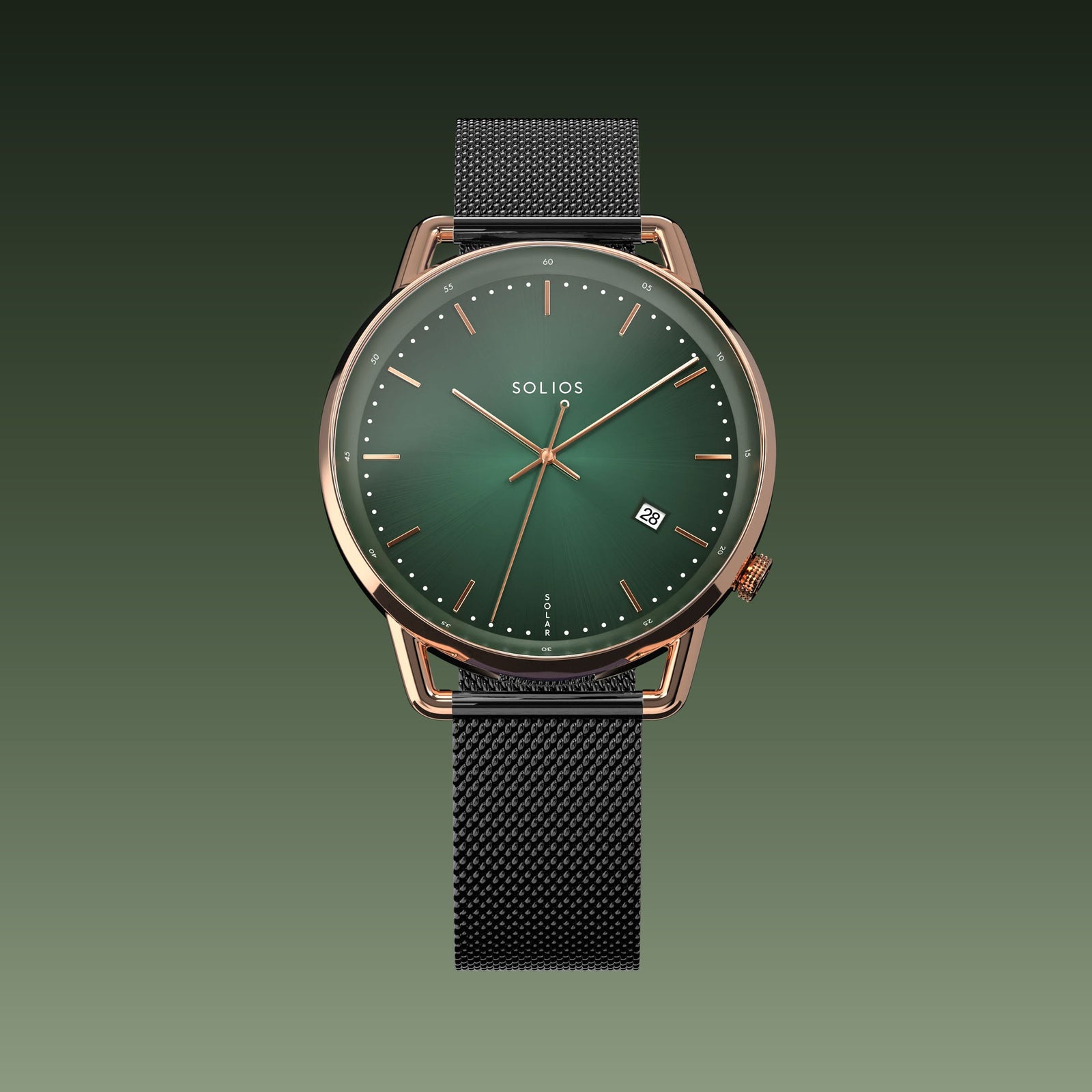 Solios Solar Curve watch, green dial and rose gold 40mm case, on a black mesh metal strap, front view