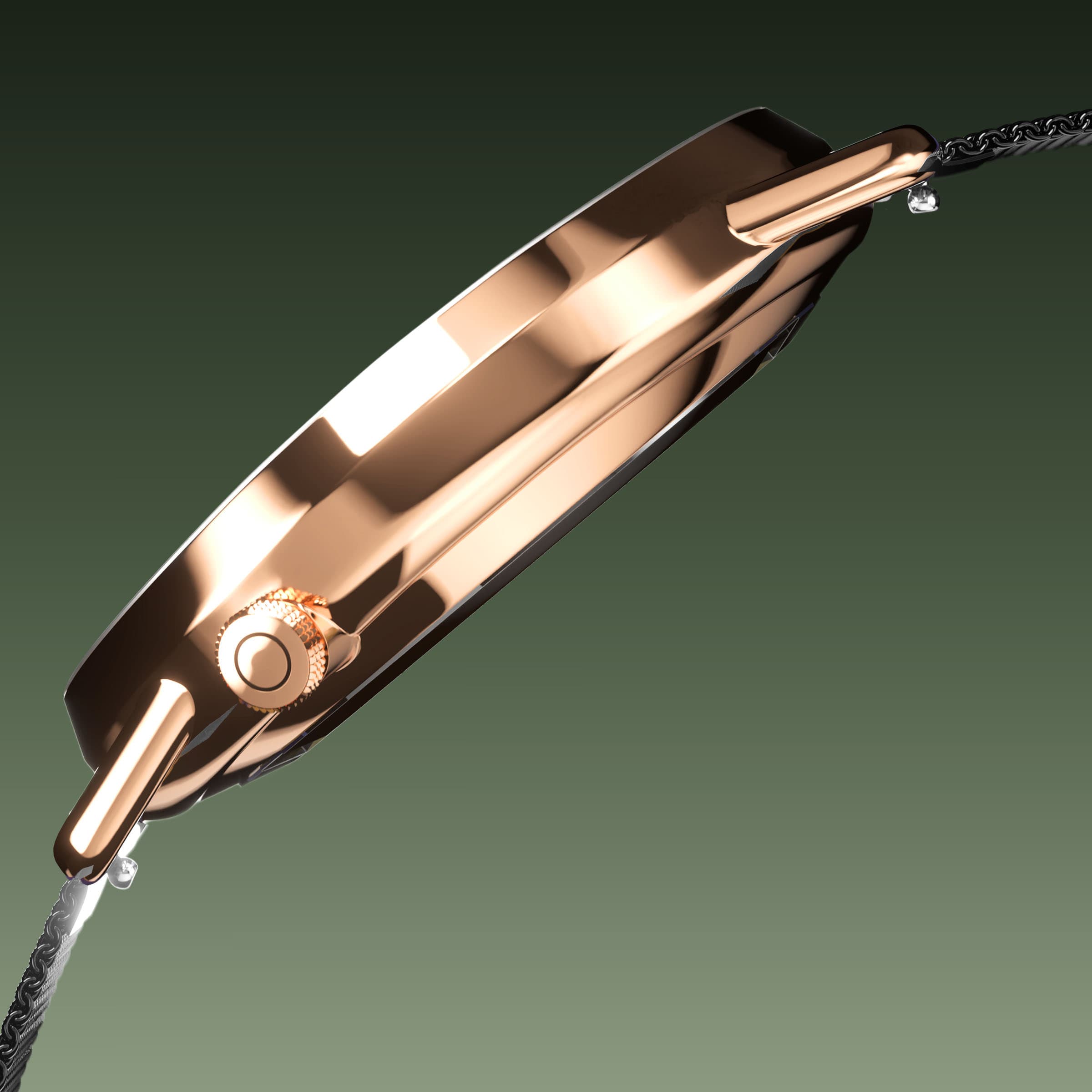Side profile of the Solios Solar Curve, green dial and rose gold case, showing its curved sapphire crystal and crown, black mesh metal strap