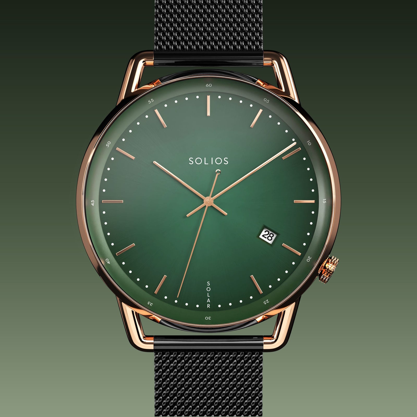 Solios Solar Curve solar watch, green dial and rose gold 40mm case, black mesh metal strap, close up front view