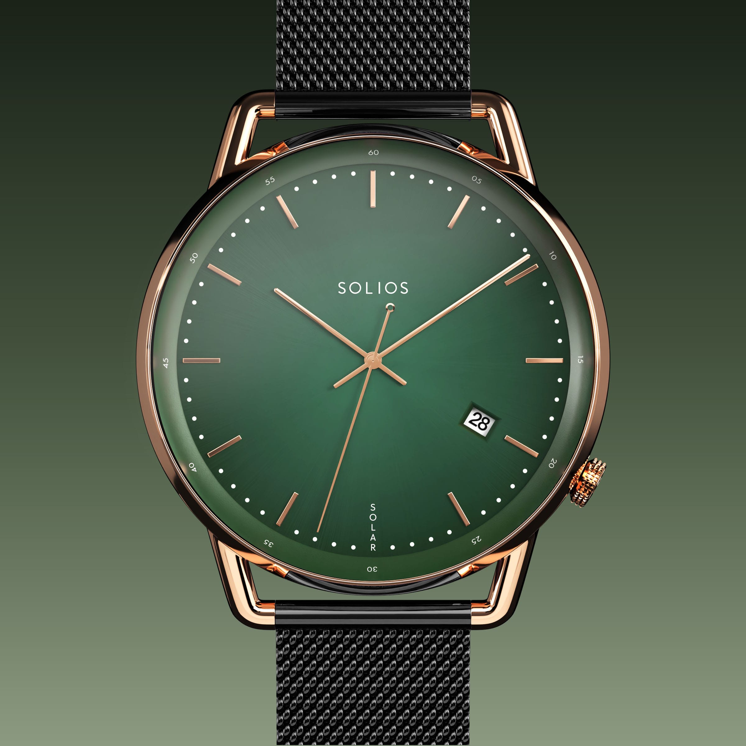 Solios Solar Curve solar watch, green dial and rose gold 40mm case, black mesh metal strap, close up front view