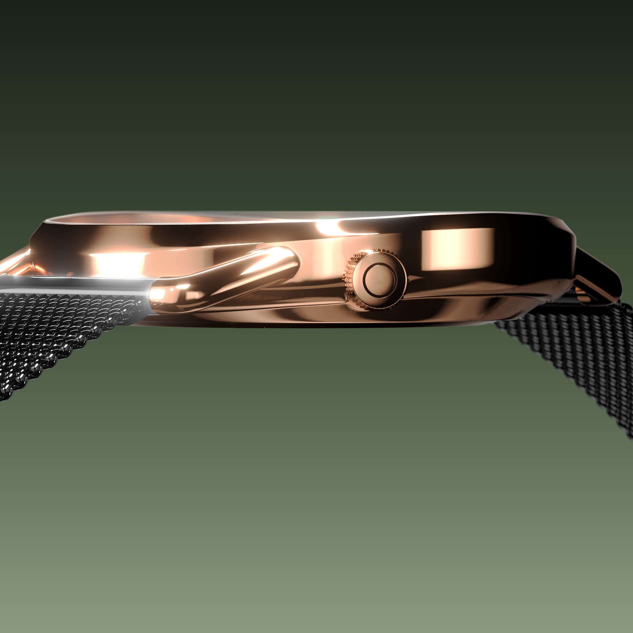 Side profile of the slim Solios Solar Curve, 10mm-thin rose gold case and crown, the green dial variation, black mesh metal strap