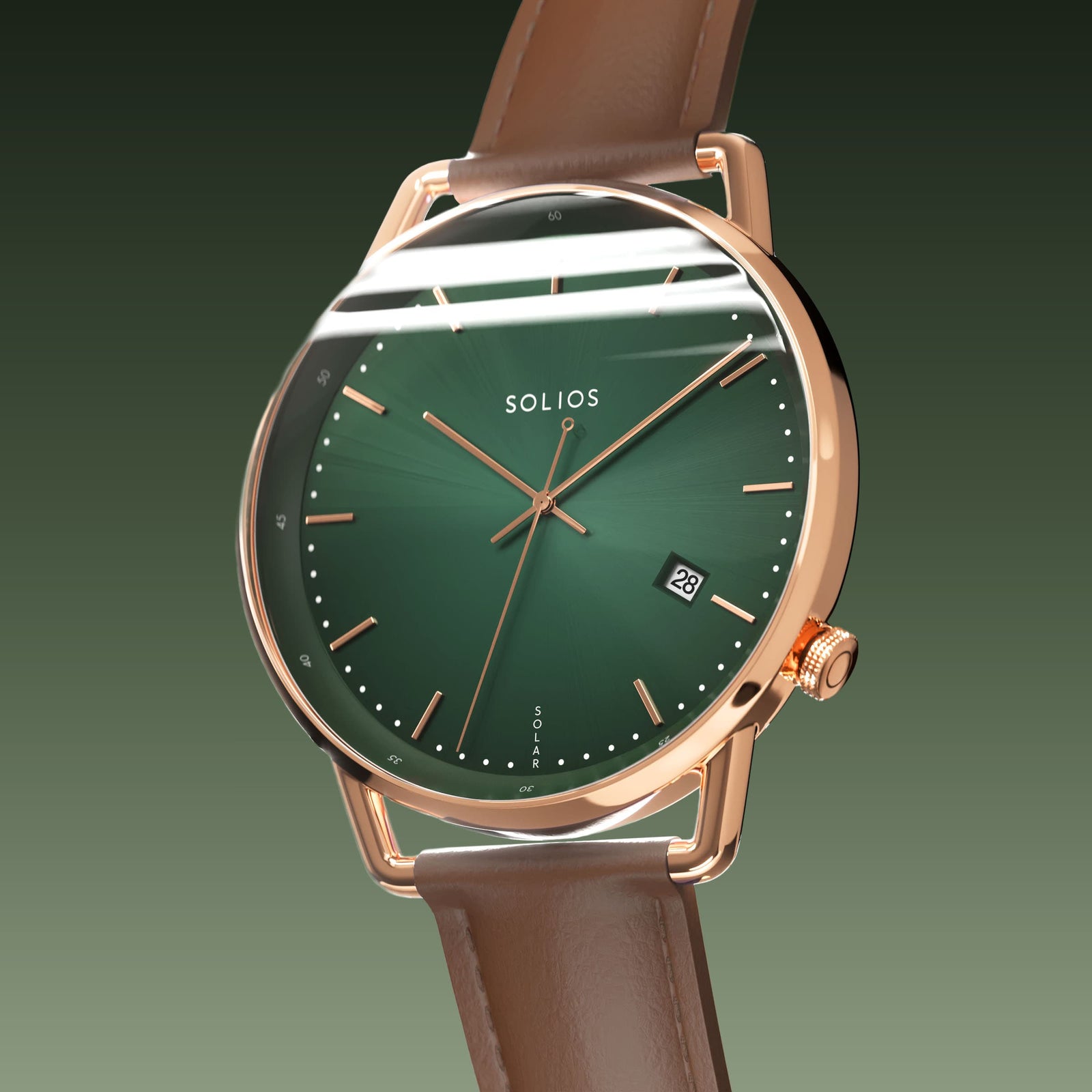 Solios Solar Curve, green dial and rose gold case, at a three-quarter angle, rose gold and indices, date calendar, curved sapphire crystal, brown vegan leather strap