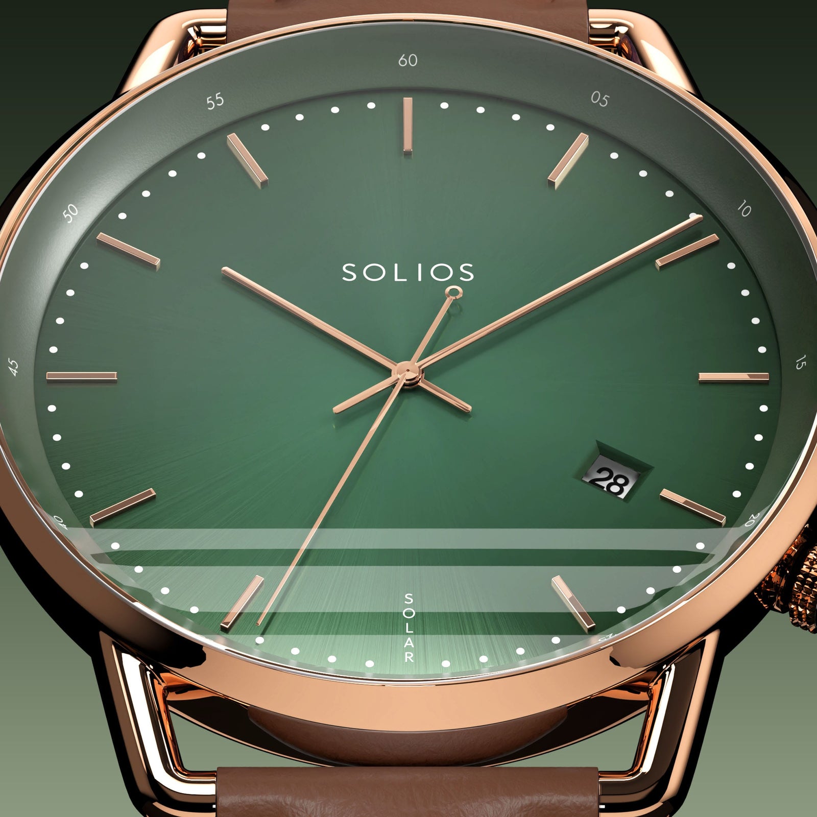 Close-up of the Solios Solar Curve green dial with rose gold hands and case, date and SOLAR text, brown vegan leather strap
