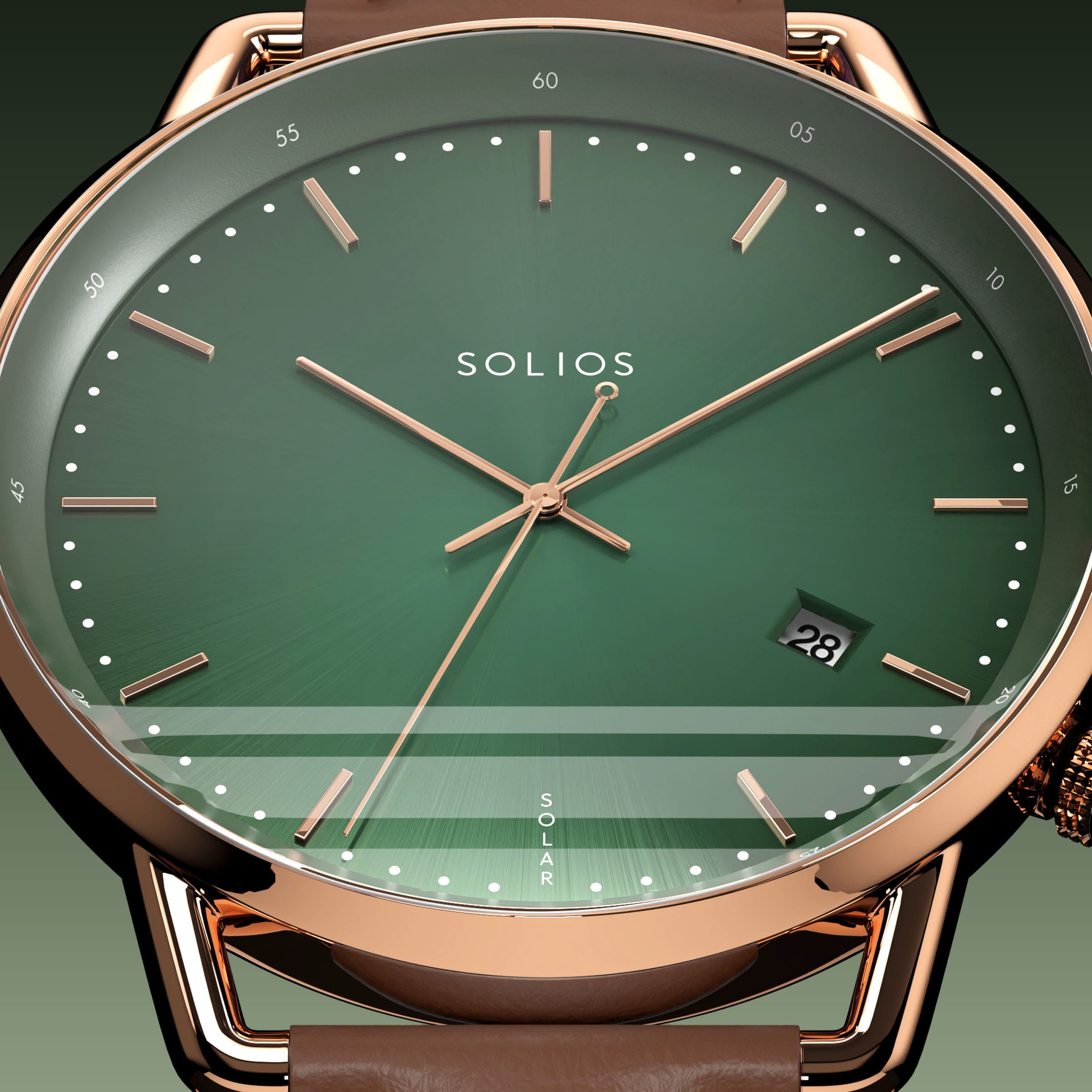 Close-up of the Solios Solar Curve green dial with rose gold hands and case, date and SOLAR text, brown vegan leather strap