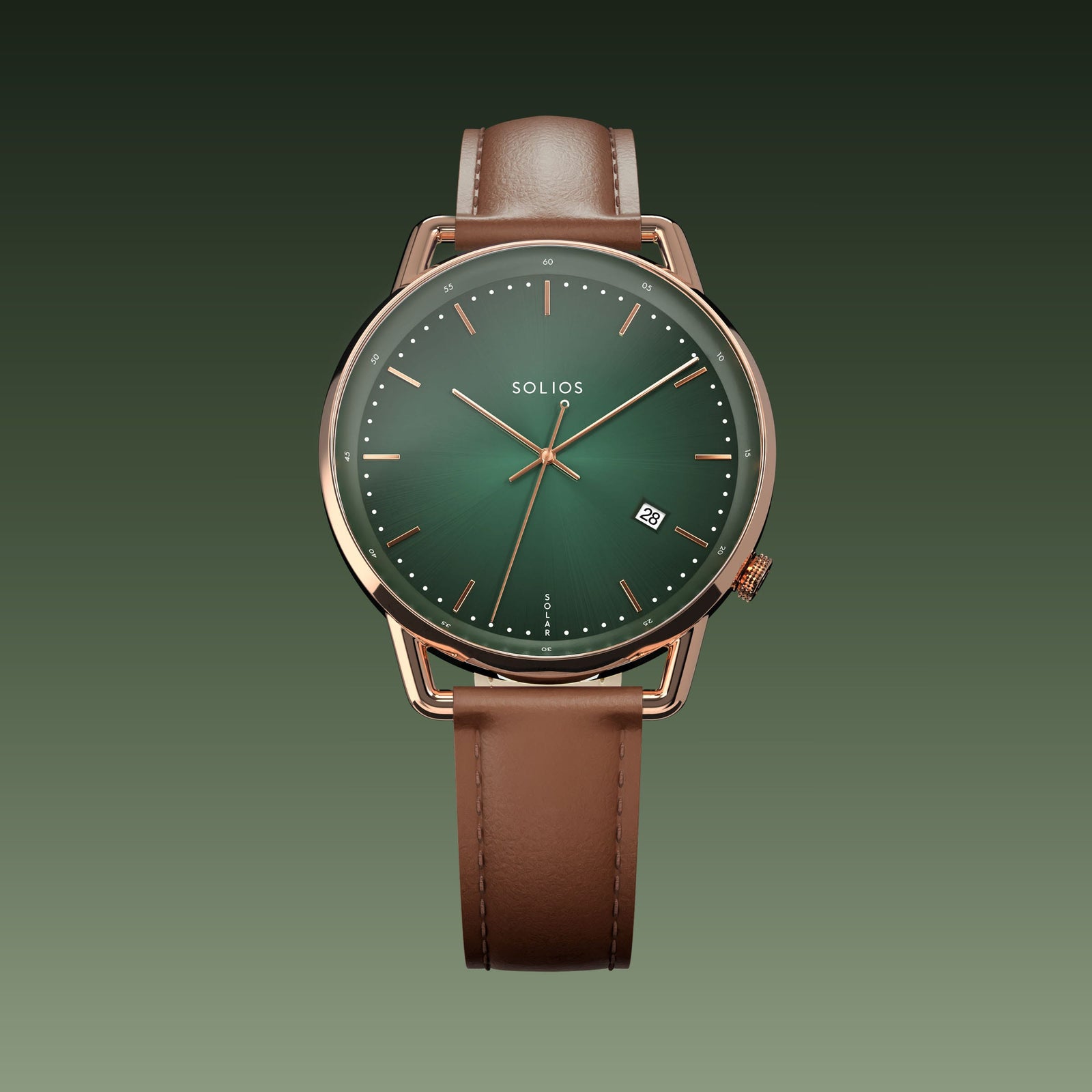 Solios Solar Curve watch, green dial and rose gold 40mm case, on a brown vegan leather strap, front view