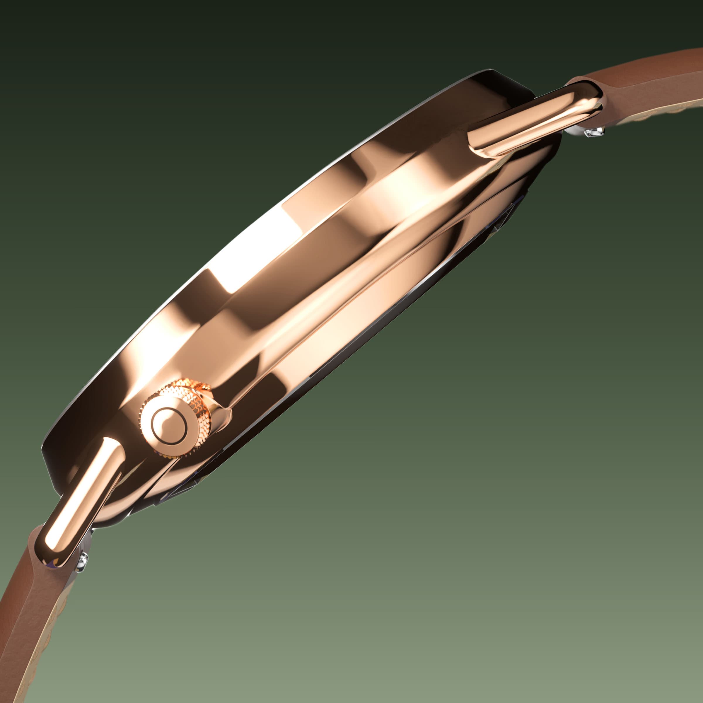Side profile of the Solios Solar Curve, green dial and rose gold case, showing its curved sapphire crystal and crown, brown vegan leather strap