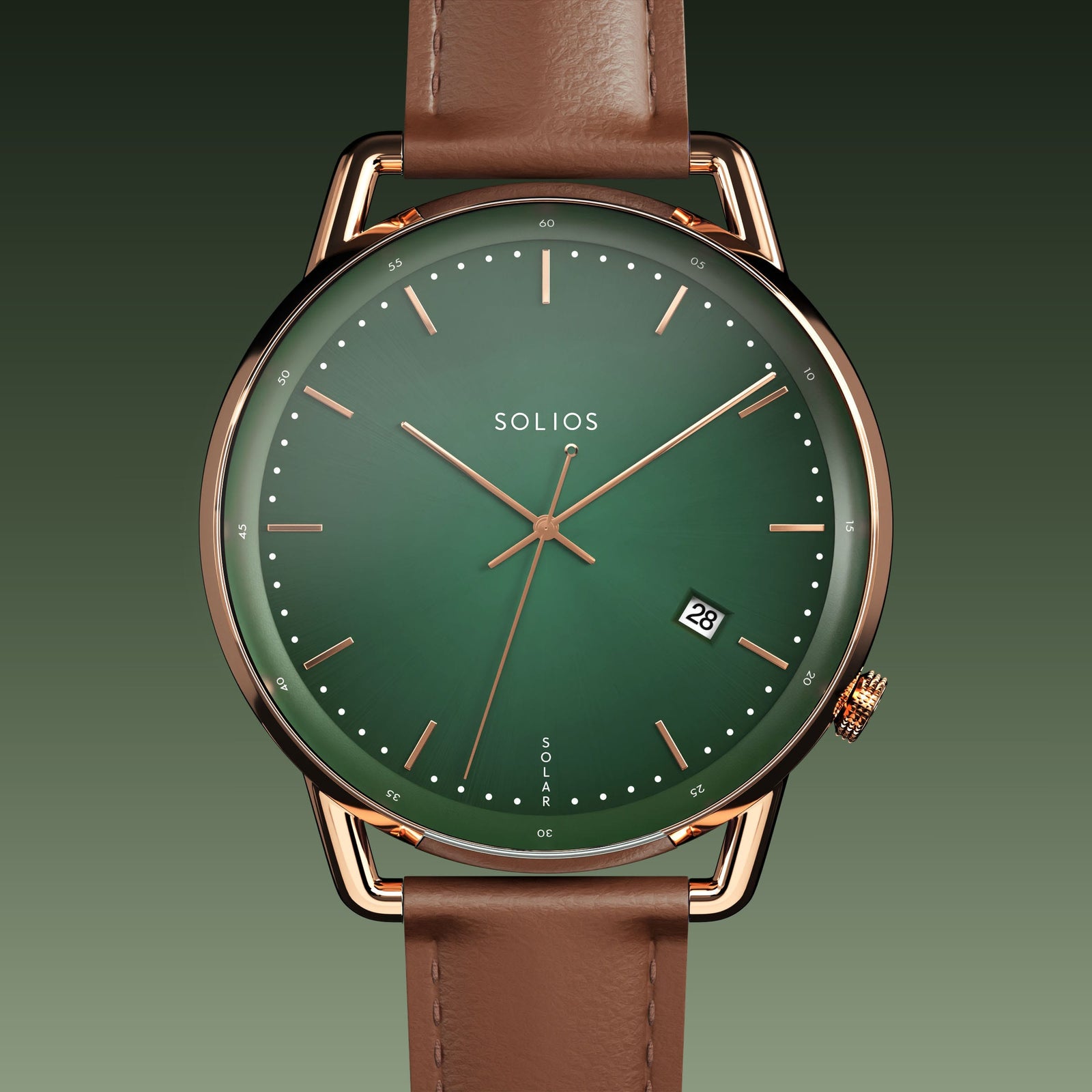 Solios Solar Curve solar watch, green dial and rose gold 40mm case, brown vegan leather strap, close up front view