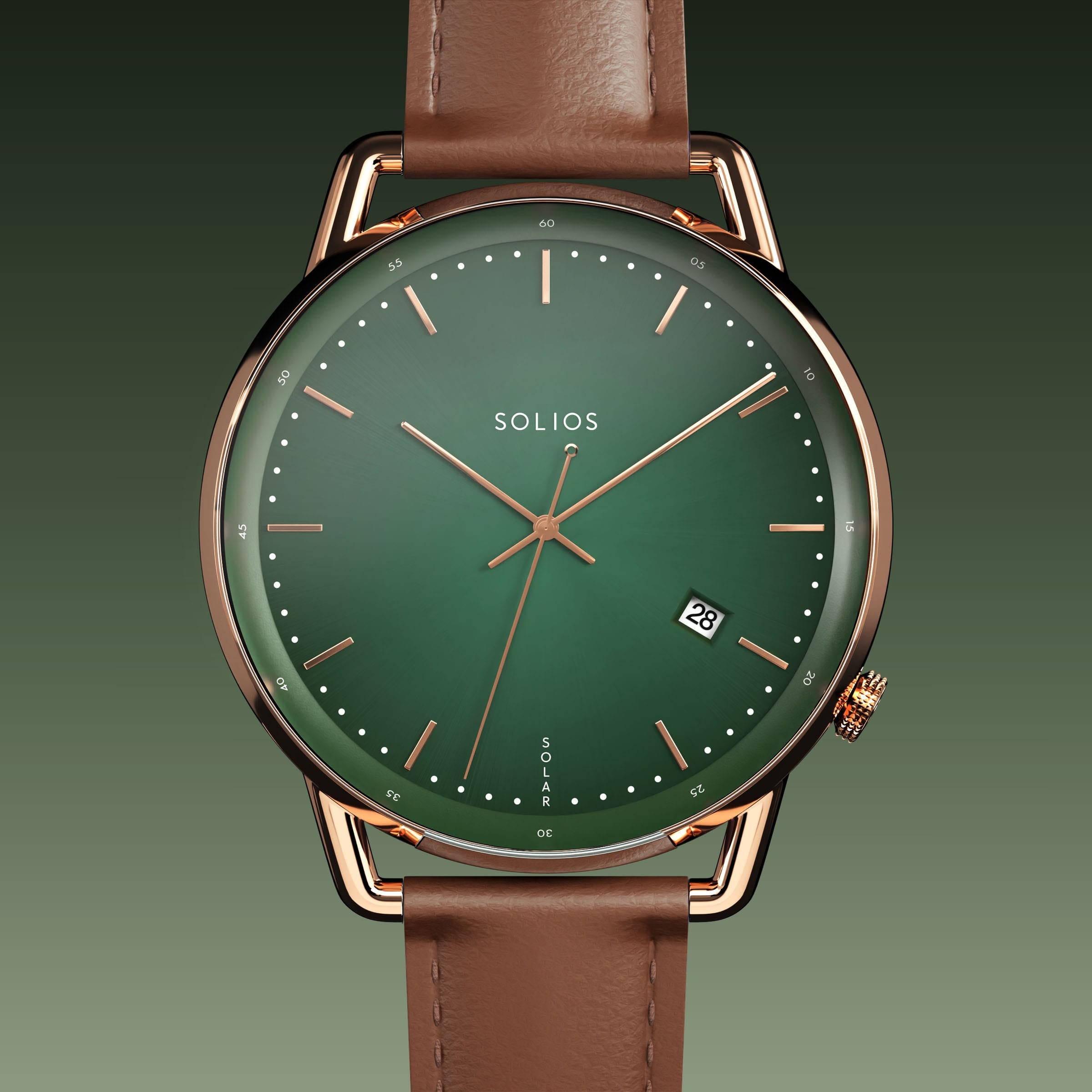 Solios Solar Curve solar watch, green dial and rose gold 40mm case, brown vegan leather strap, close up front view
