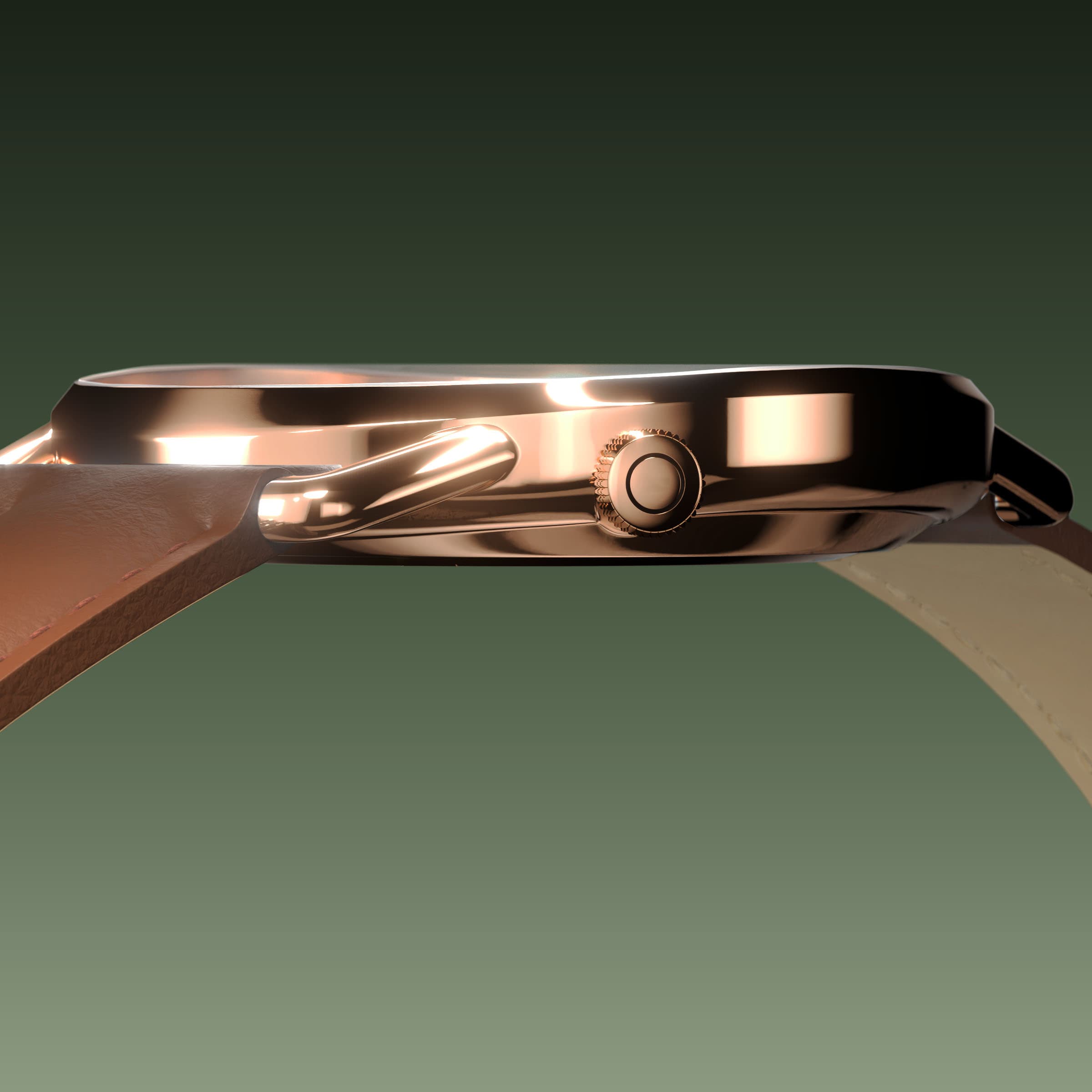 Side profile of the slim Solios Solar Curve, 10mm-thin rose gold case and crown, the green dial variation, brown vegan leather strap