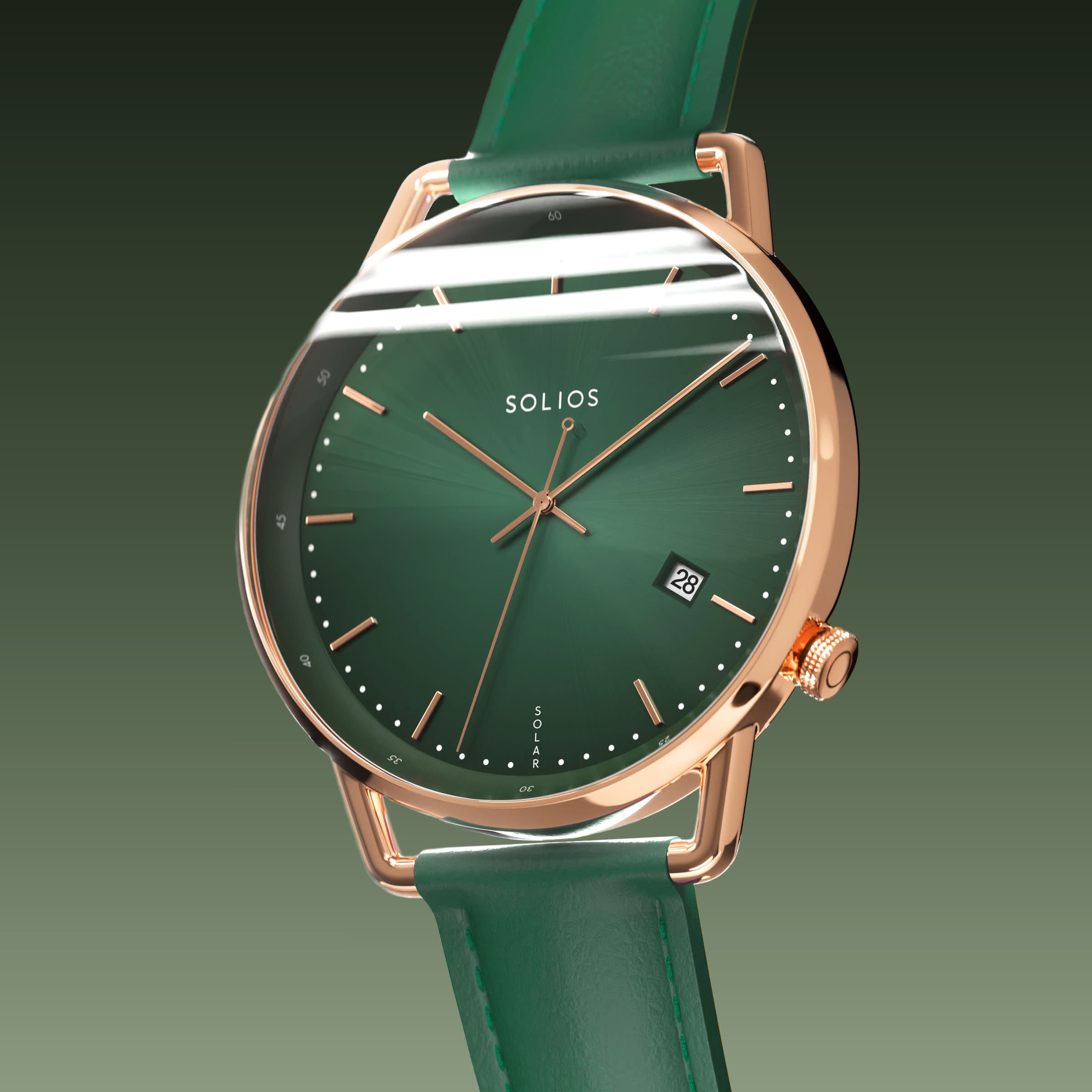 Solios Solar Curve, green dial and rose gold case, at a three-quarter angle, rose gold and indices, date calendar, curved sapphire crystal, green vegan leather strap