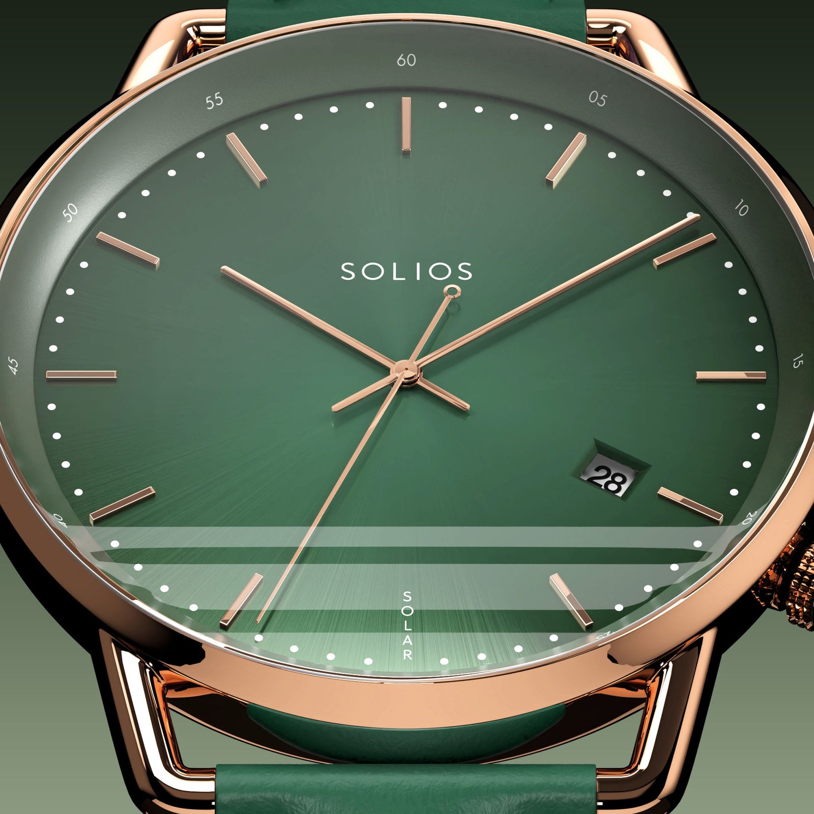 Close-up of the Solios Solar Curve green dial with rose gold hands and case, date and SOLAR text, green vegan leather strap
