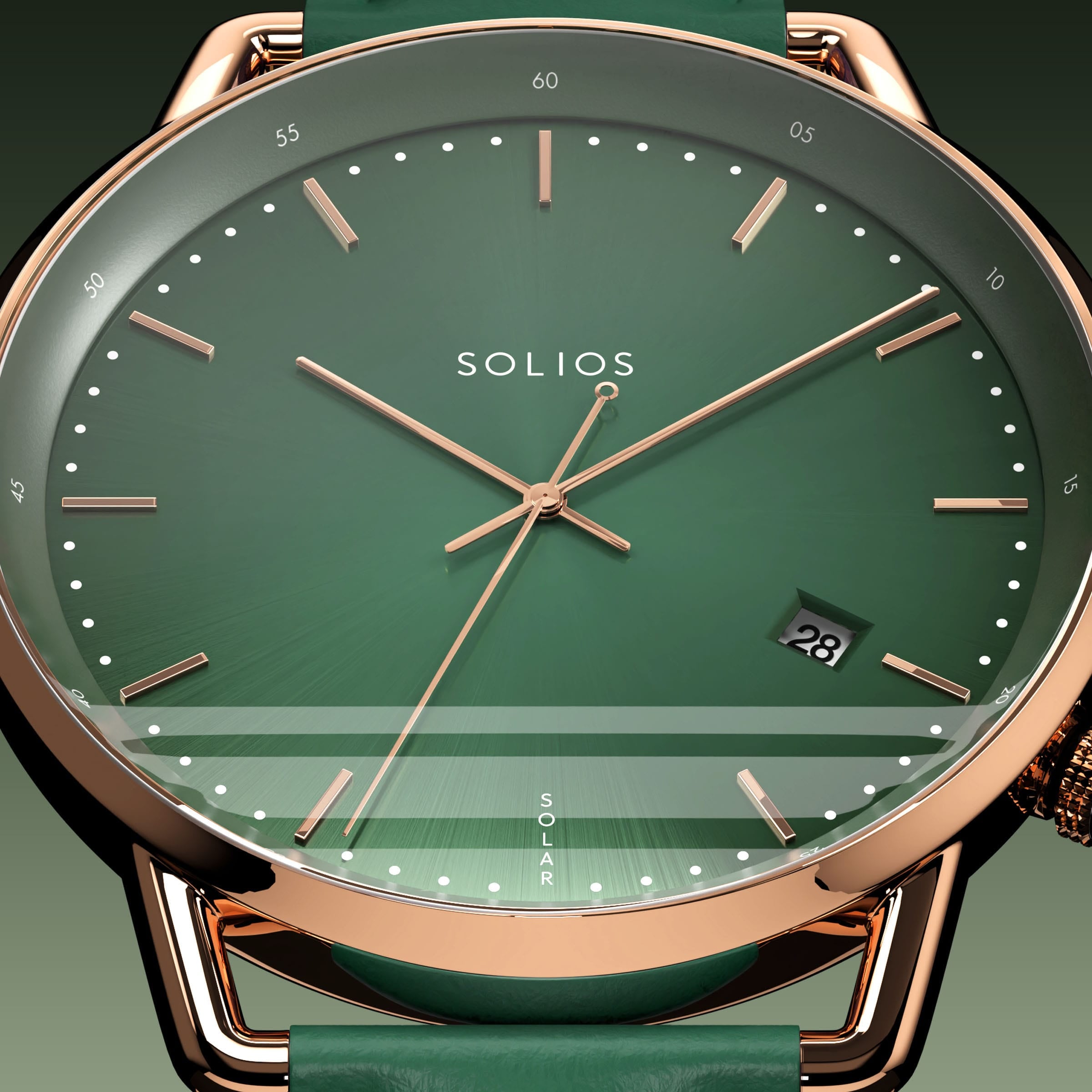 Close-up of the Solios Solar Curve green dial with rose gold hands and case, date and SOLAR text, green vegan leather strap