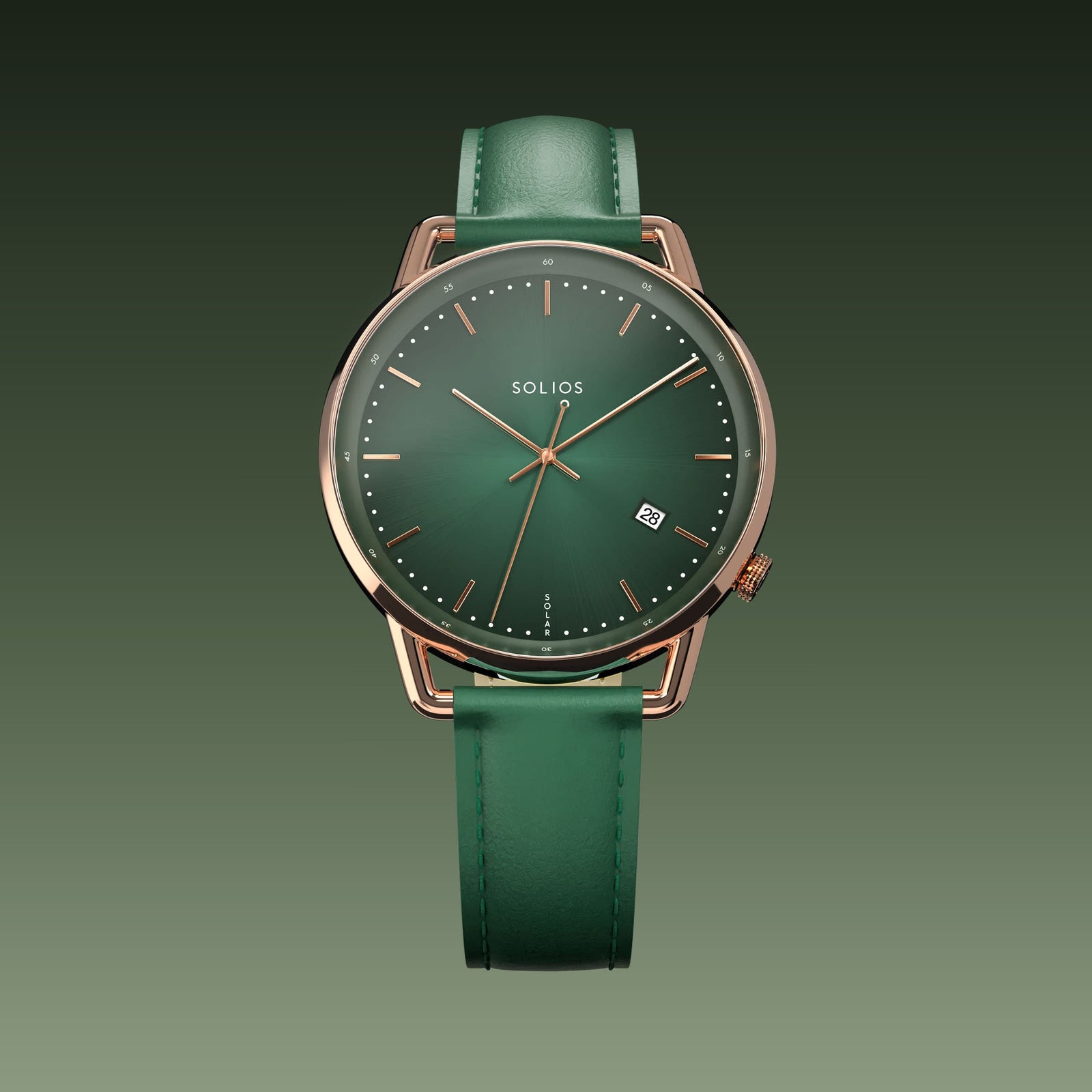 Solios Solar Curve watch, green dial and rose gold 40mm case, on a green vegan leather strap, front view