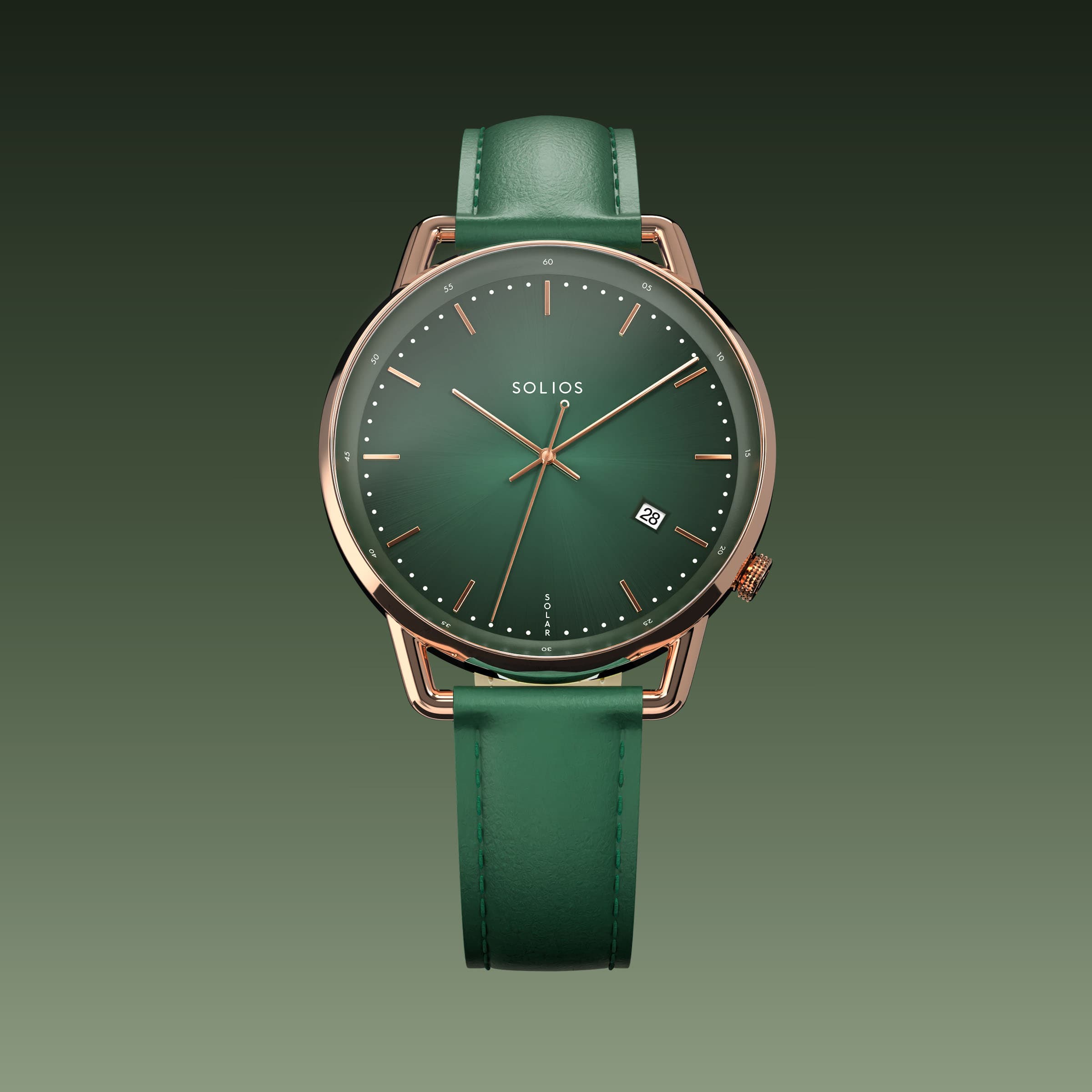 Solios Solar Curve watch, green dial and rose gold 40mm case, on a green vegan leather strap, front view