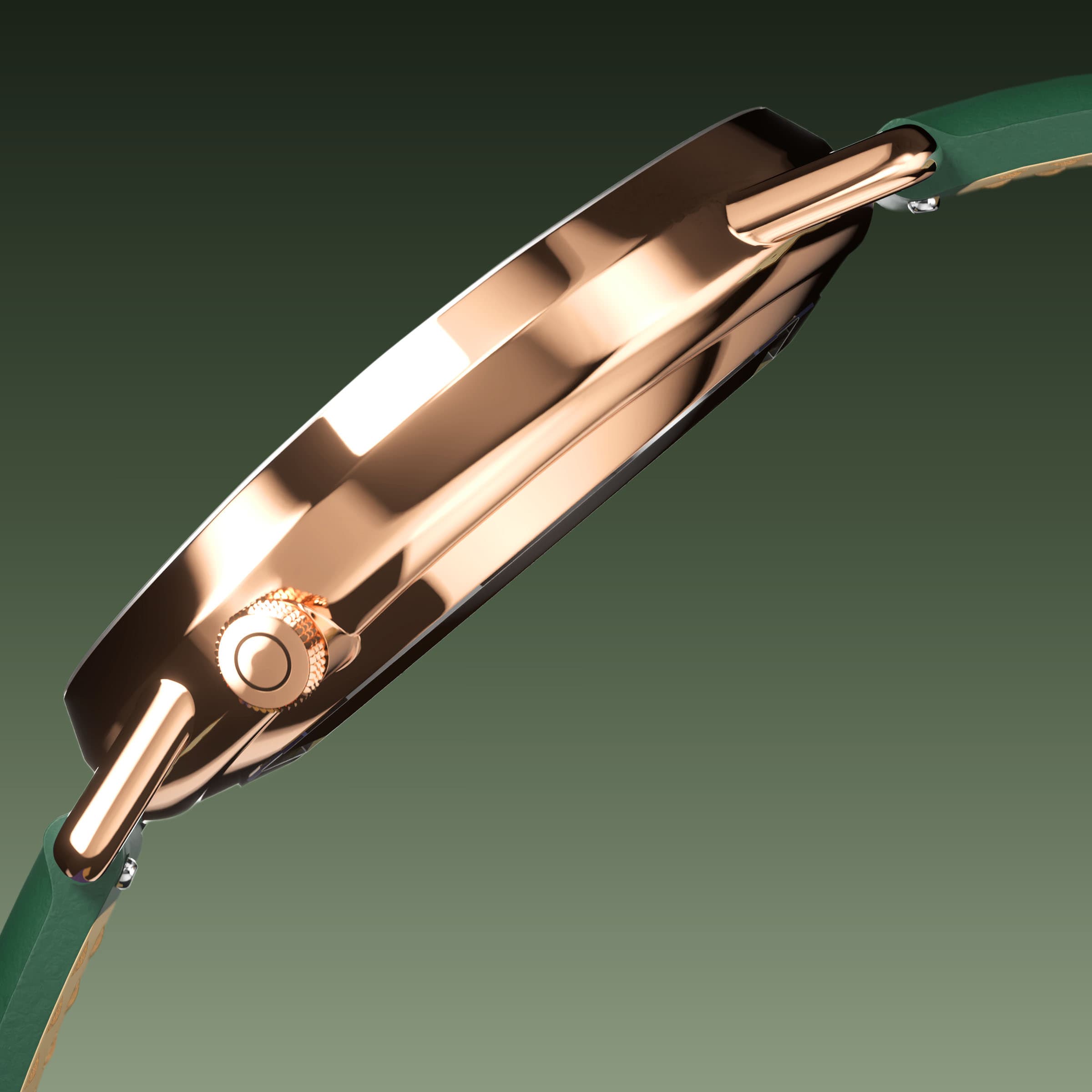 Side profile of the Solios Solar Curve, green dial and rose gold case, showing its curved sapphire crystal and crown, green vegan leather strap