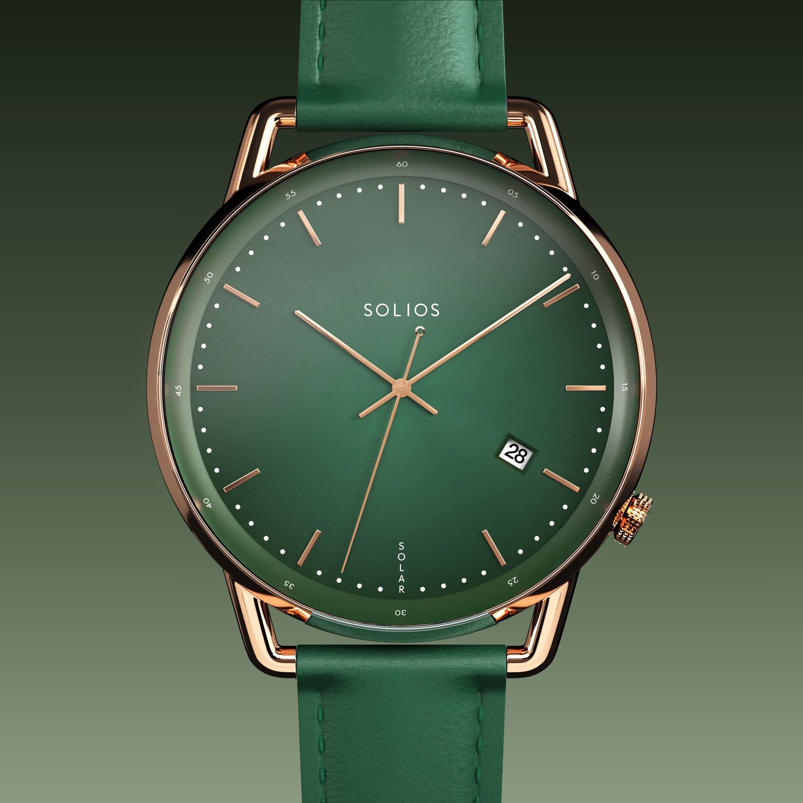 Solios Solar Curve solar watch, green dial and rose gold 40mm case, green vegan leather strap, close up front view