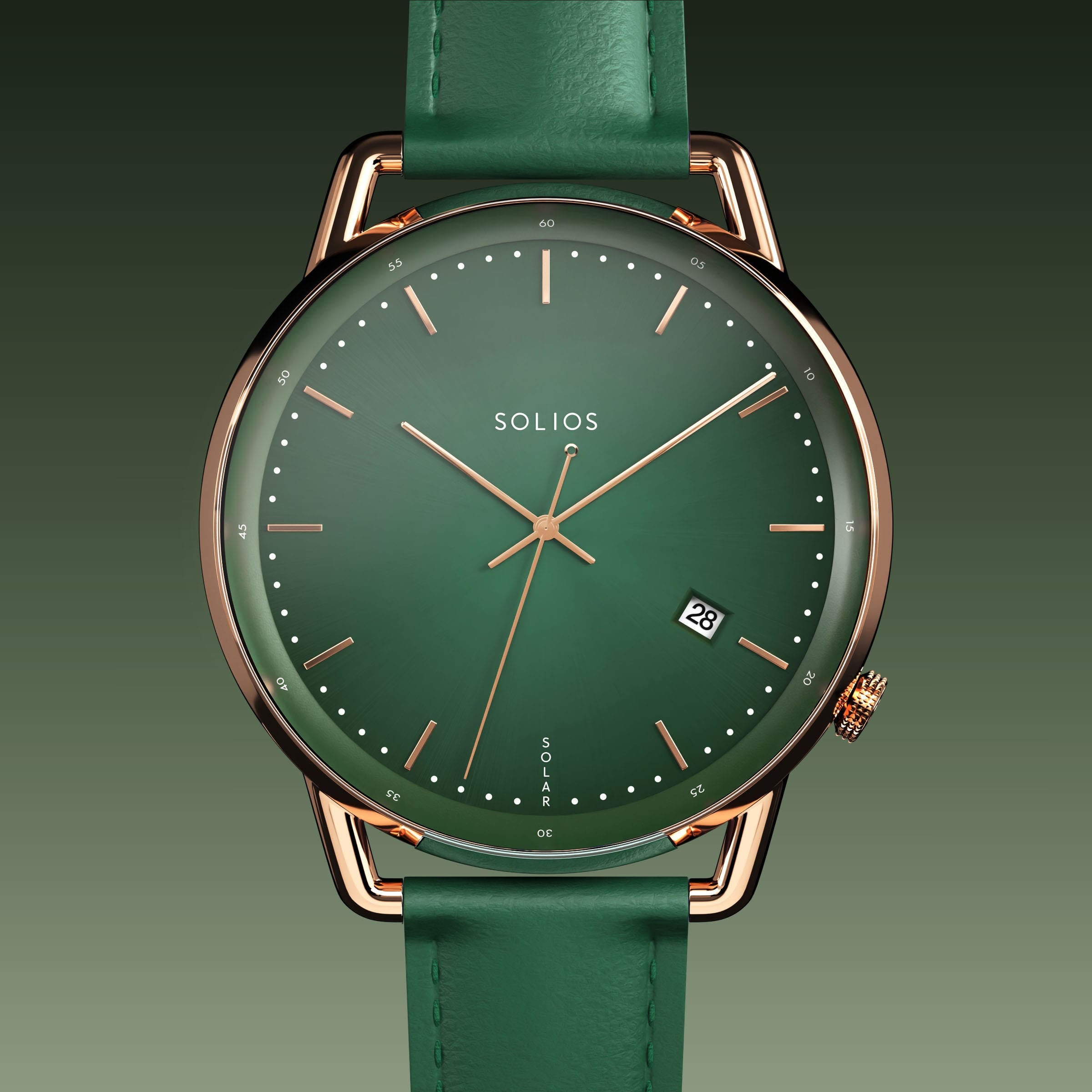 Solios Solar Curve solar watch, green dial and rose gold 40mm case, green vegan leather strap, close up front view