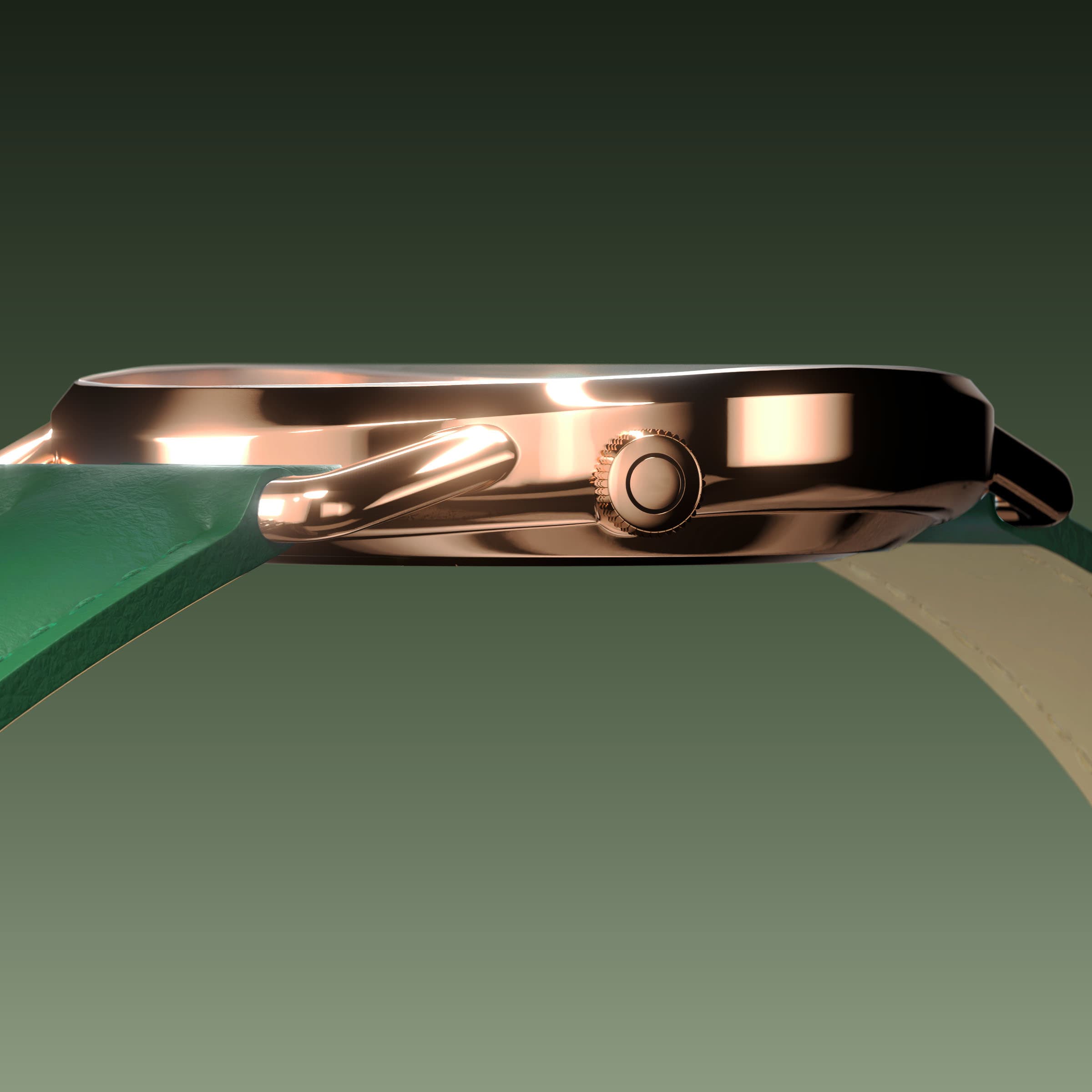 Side profile of the slim Solios Solar Curve, 10mm-thin rose gold case and crown, the green dial variation, green vegan leather strap