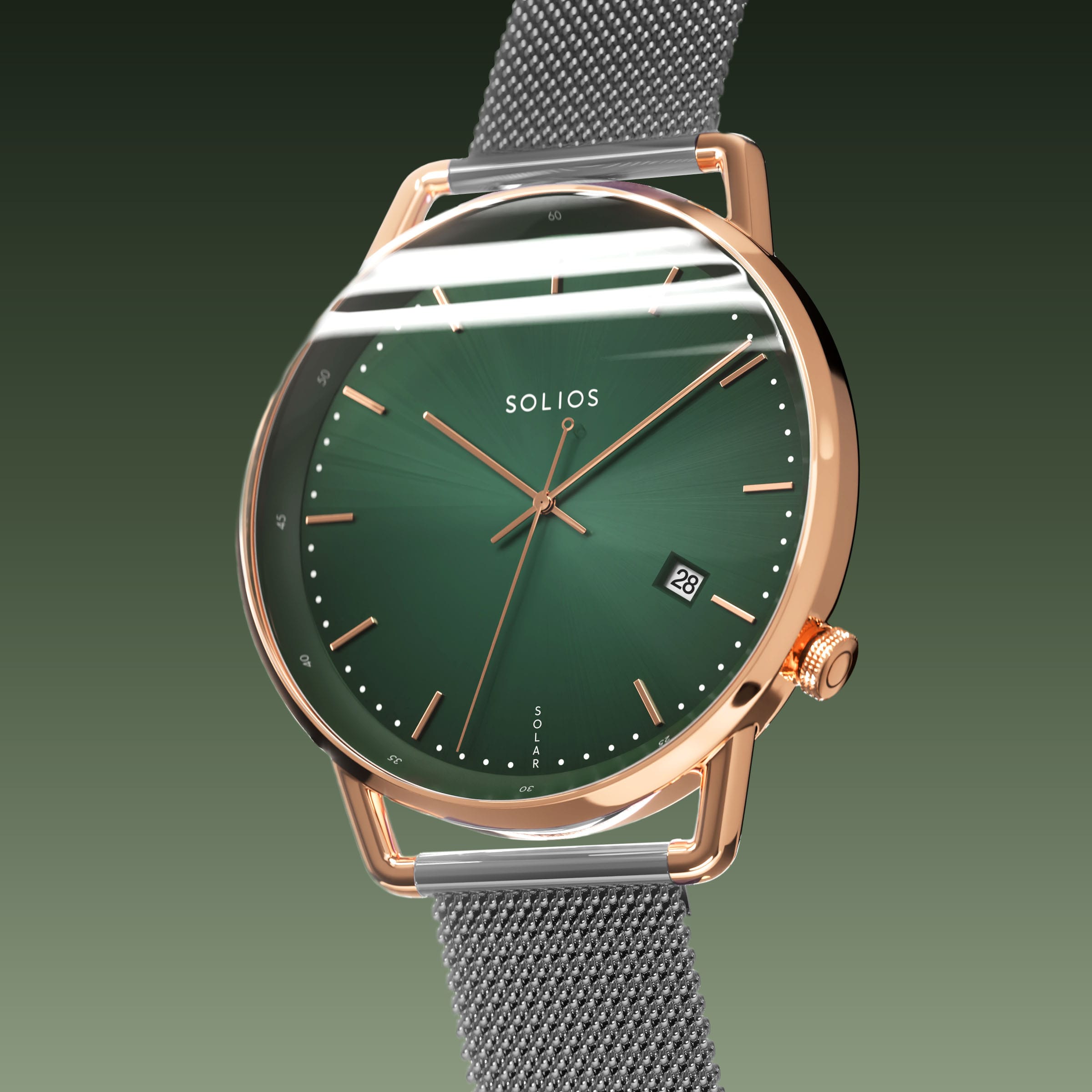 Solios Solar Curve, green dial and rose gold case, at a three-quarter angle, rose gold and indices, date calendar, curved sapphire crystal, grey mesh metal strap