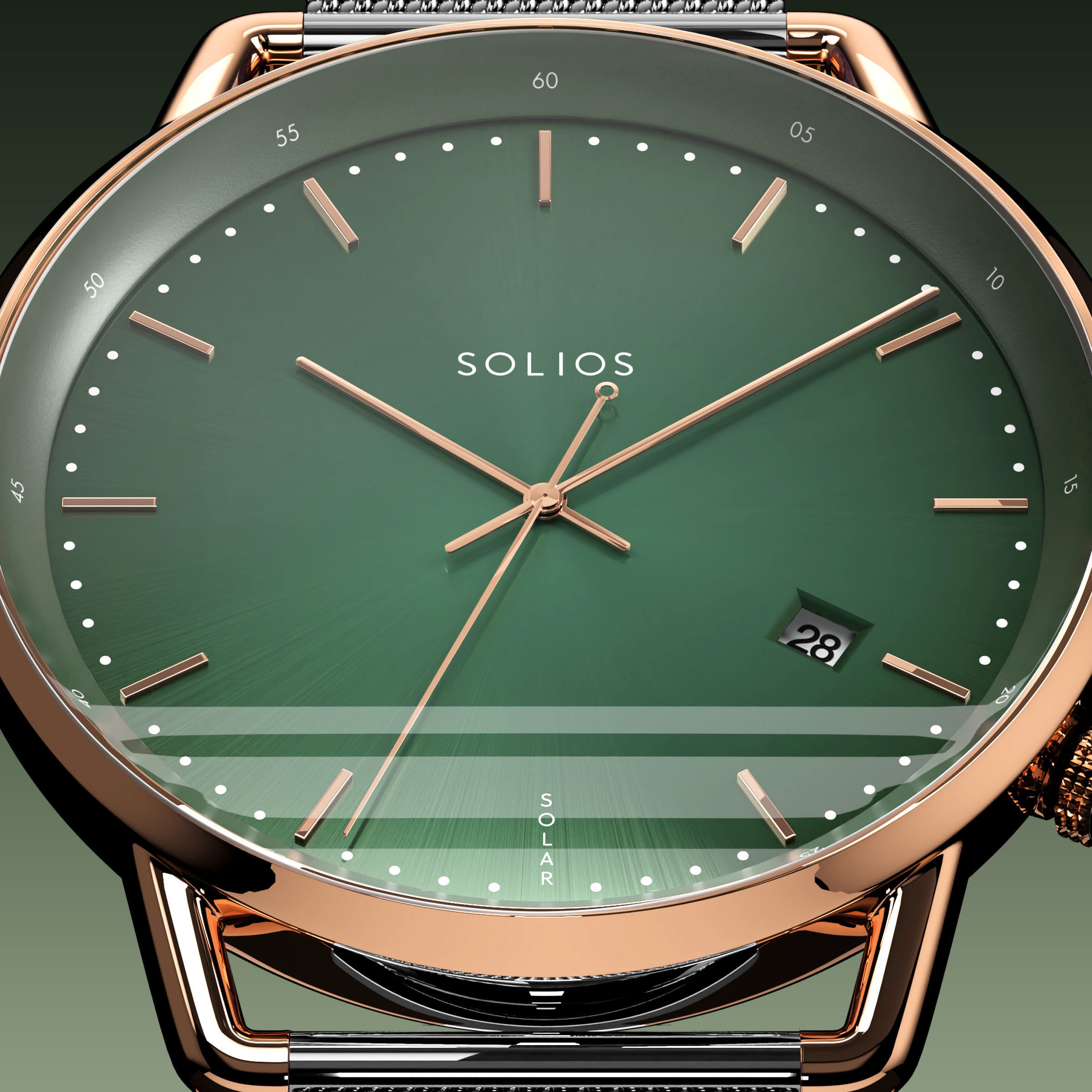 Close-up of the Solios Solar Curve green dial with rose gold hands and case, date and SOLAR text, grey mesh metal strap