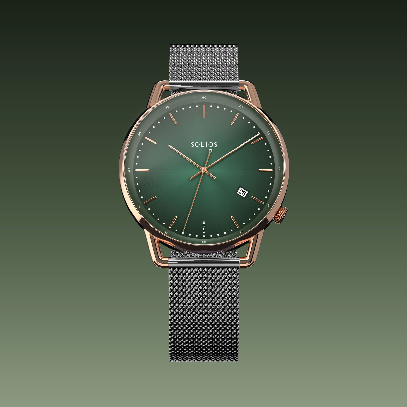 Solios Solar Curve watch, green dial and rose gold 40mm case, on a grey mesh metal strap, front view