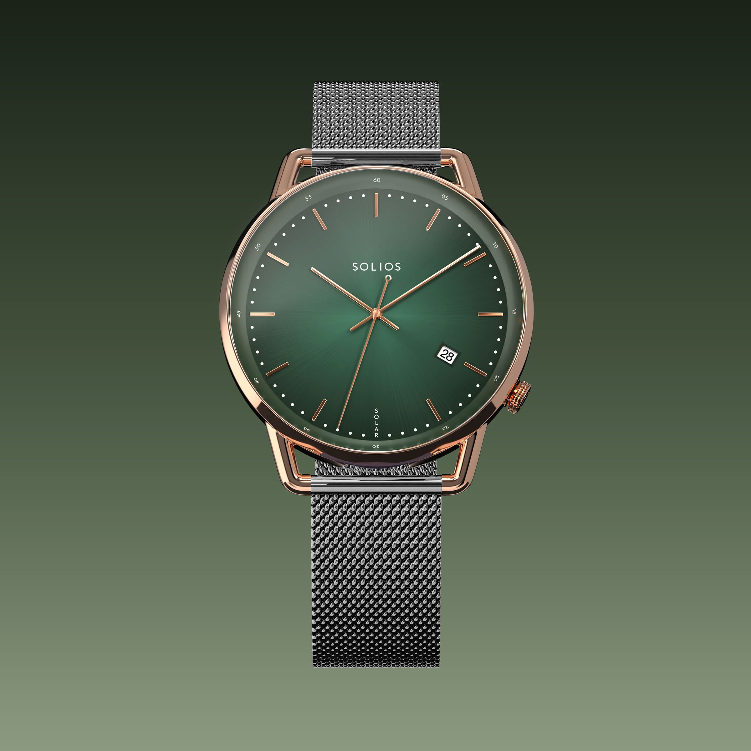 Solios Solar Curve watch, green dial and rose gold 40mm case, on a grey mesh metal strap, front view