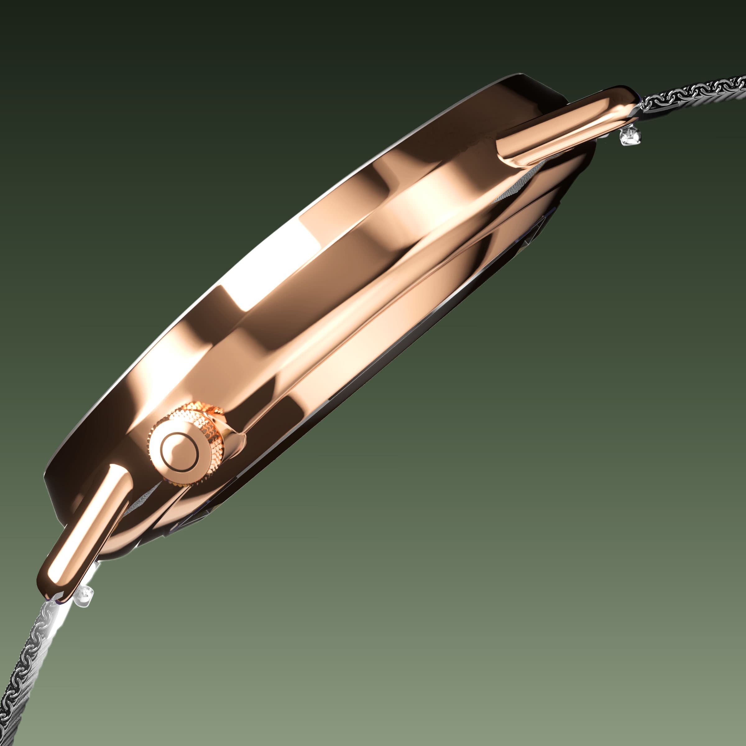 Side profile of the Solios Solar Curve, green dial and rose gold case, showing its curved sapphire crystal and crown, grey mesh metal strap