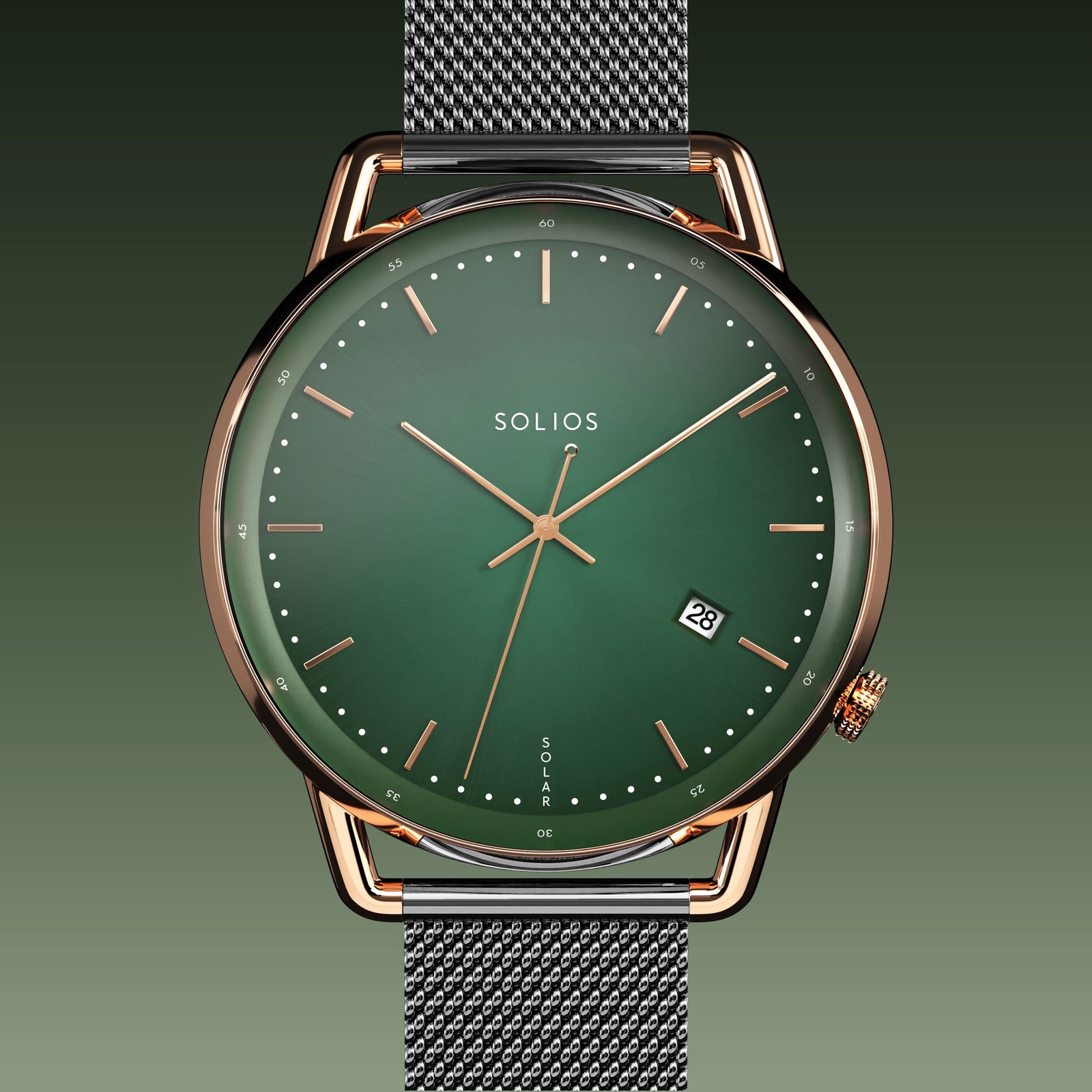 Solios Solar Curve solar watch, green dial and rose gold 40mm case, grey mesh metal strap, close up front view