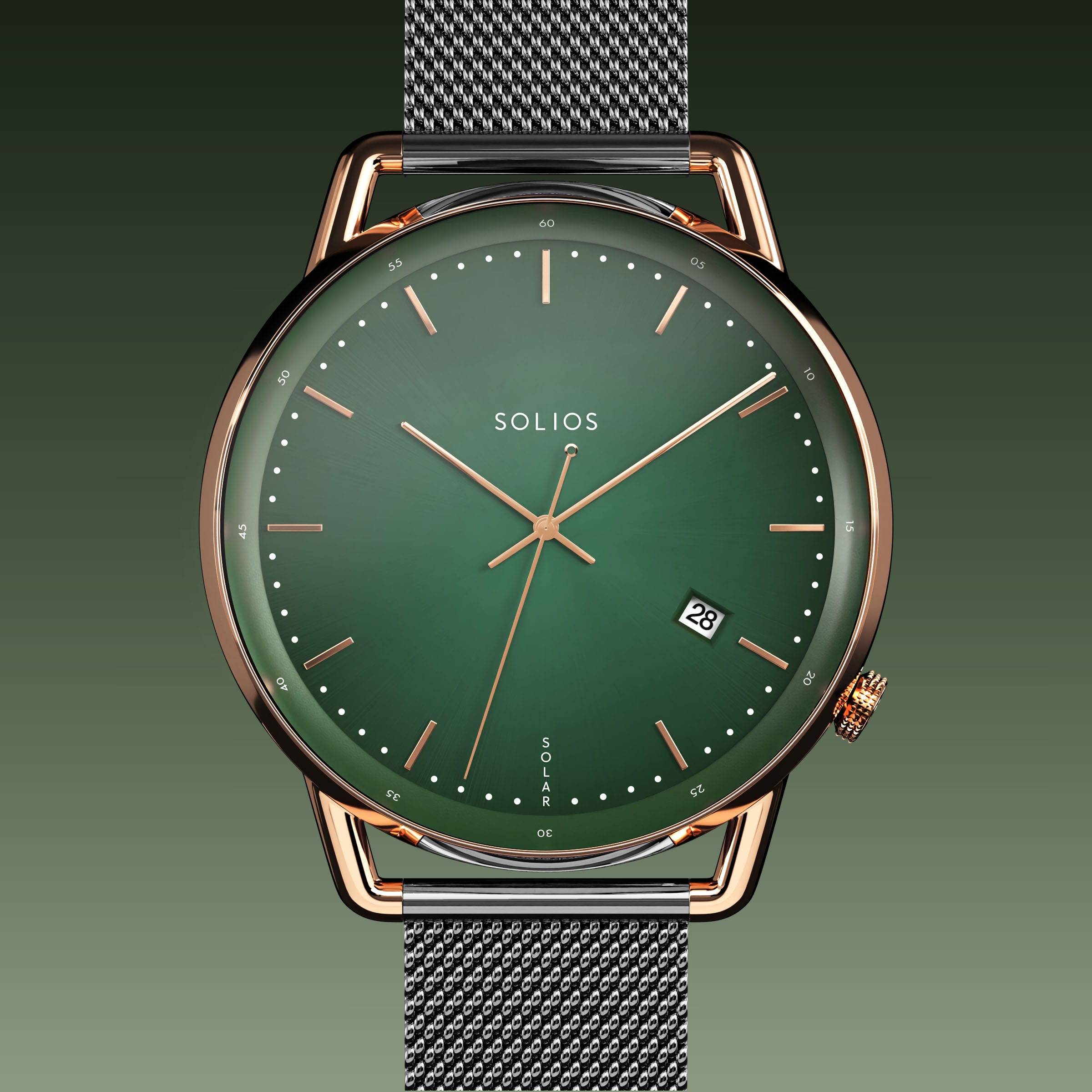 Solios Solar Curve solar watch, green dial and rose gold 40mm case, grey mesh metal strap, close up front view