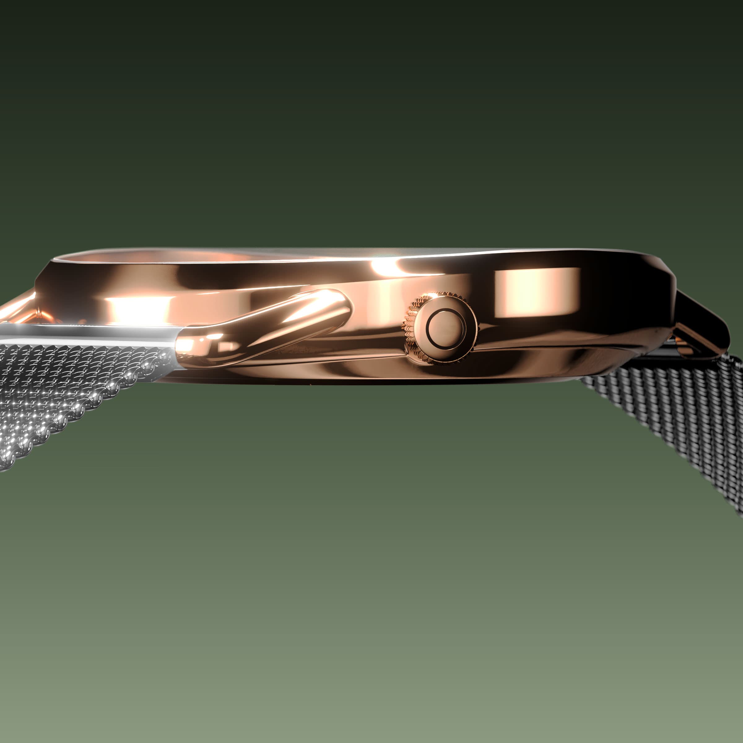 Side profile of the slim Solios Solar Curve, 10mm-thin rose gold case and crown, the green dial variation, grey mesh metal strap
