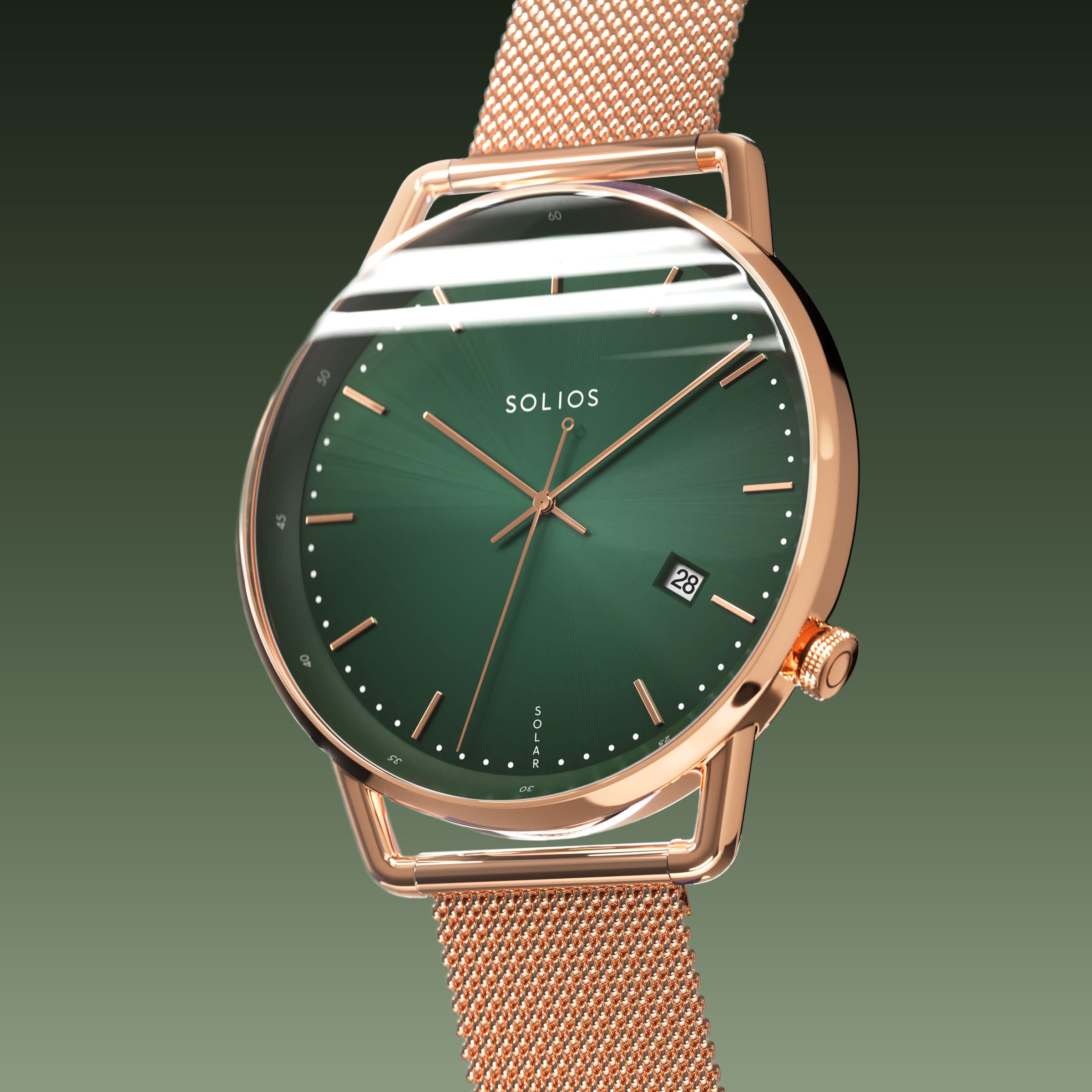 Solios Solar Curve, green dial and rose gold case, at a three-quarter angle, rose gold and indices, date calendar, curved sapphire crystal, rose gold mesh metal strap
