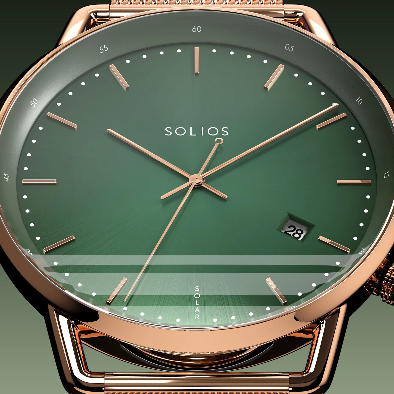 Close-up of the Solios Solar Curve green dial with rose gold hands and case, date and SOLAR text, rose gold mesh metal strap