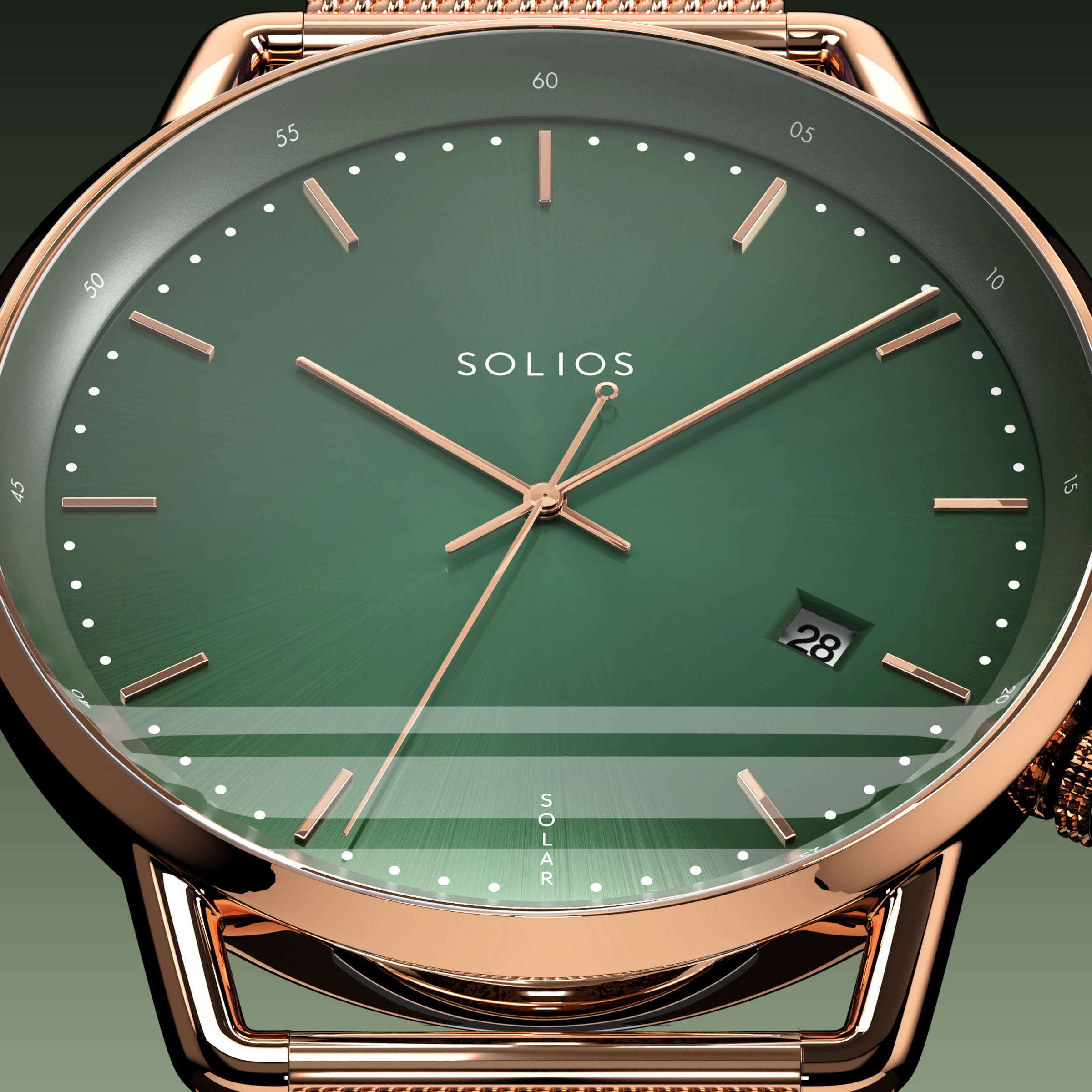Close-up of the Solios Solar Curve green dial with rose gold hands and case, date and SOLAR text, rose gold mesh metal strap