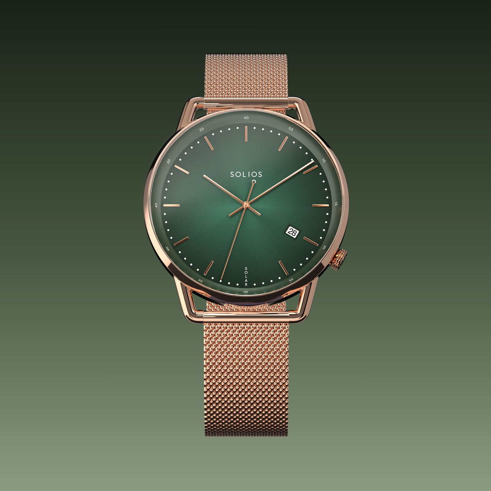 Solios Solar Curve watch, green dial and rose gold 40mm case, on a rose gold mesh metal strap, front view