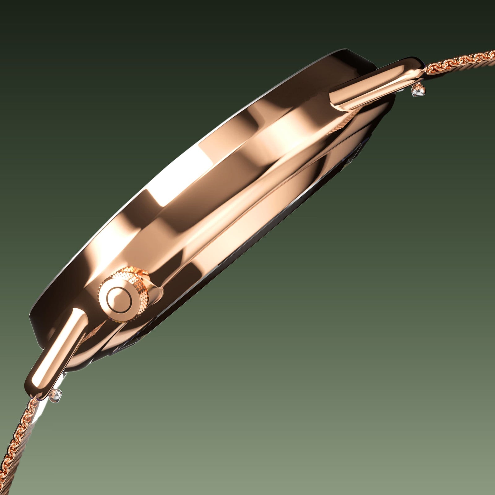 Side profile of the Solios Solar Curve, green dial and rose gold case, showing its curved sapphire crystal and crown, rose gold mesh metal strap