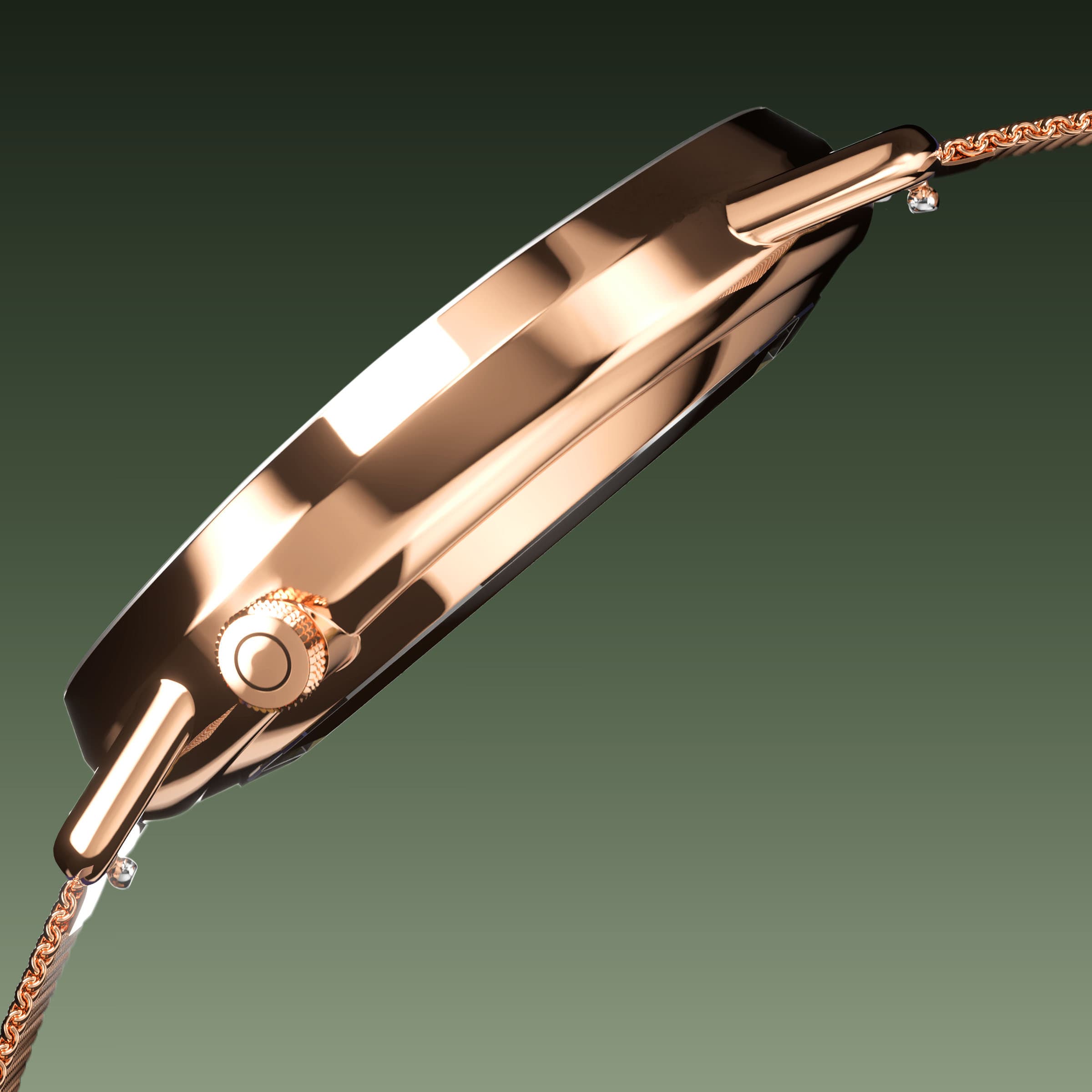 Side profile of the Solios Solar Curve, green dial and rose gold case, showing its curved sapphire crystal and crown, rose gold mesh metal strap
