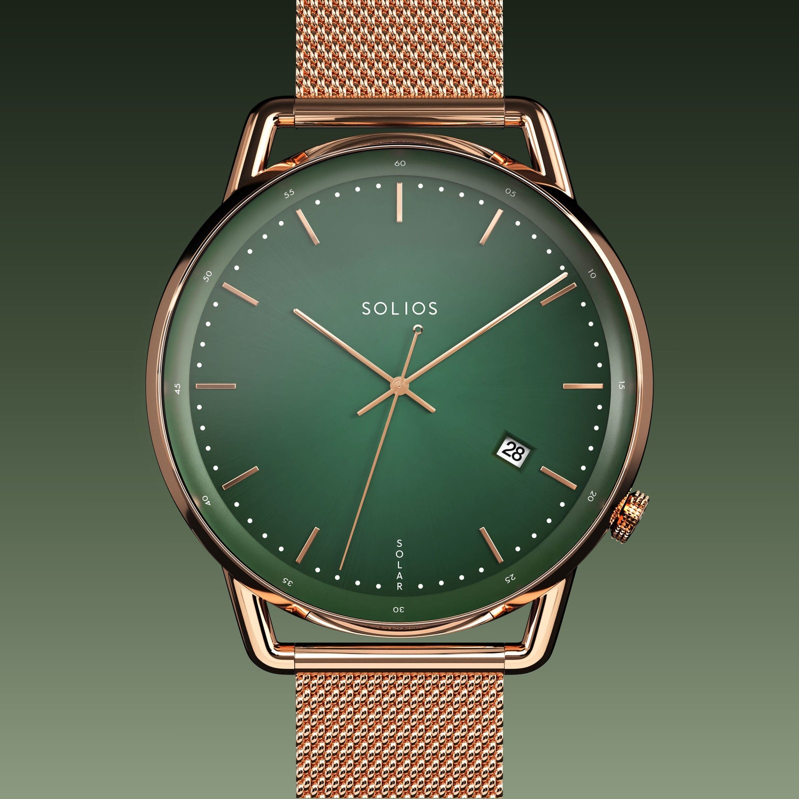 Solios Solar Curve solar watch, green dial and rose gold 40mm case, rose gold mesh metal strap, close up front view