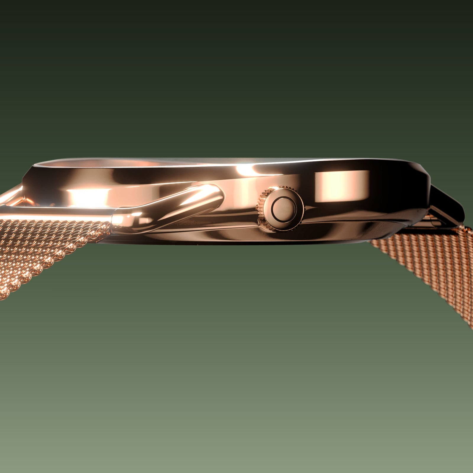 Side profile of the slim Solios Solar Curve, 10mm-thin rose gold case and crown, the green dial variation, rose gold mesh metal strap