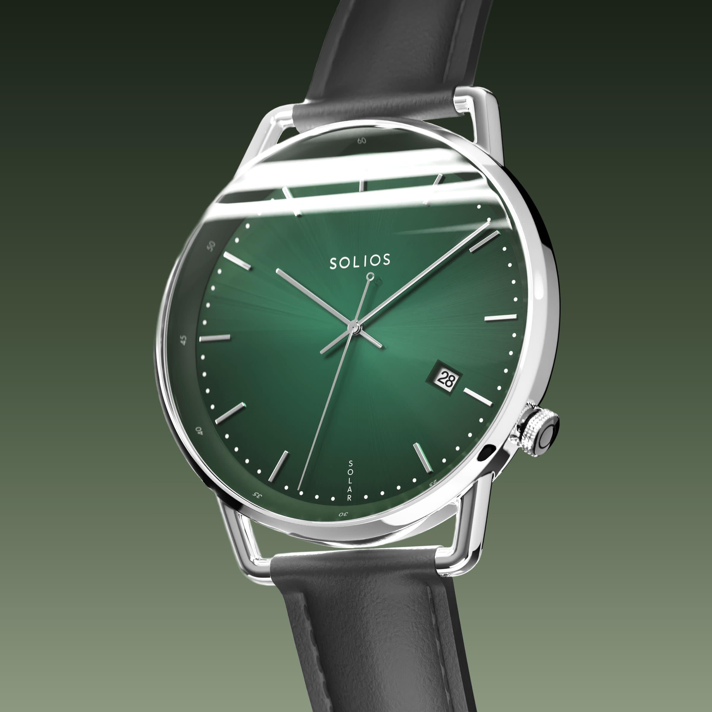 Solios Solar Curve, green dial and silver case, at a three-quarter angle, silver hands and indices, date calendar, curved sapphire crystal, black eco vegan leather strap