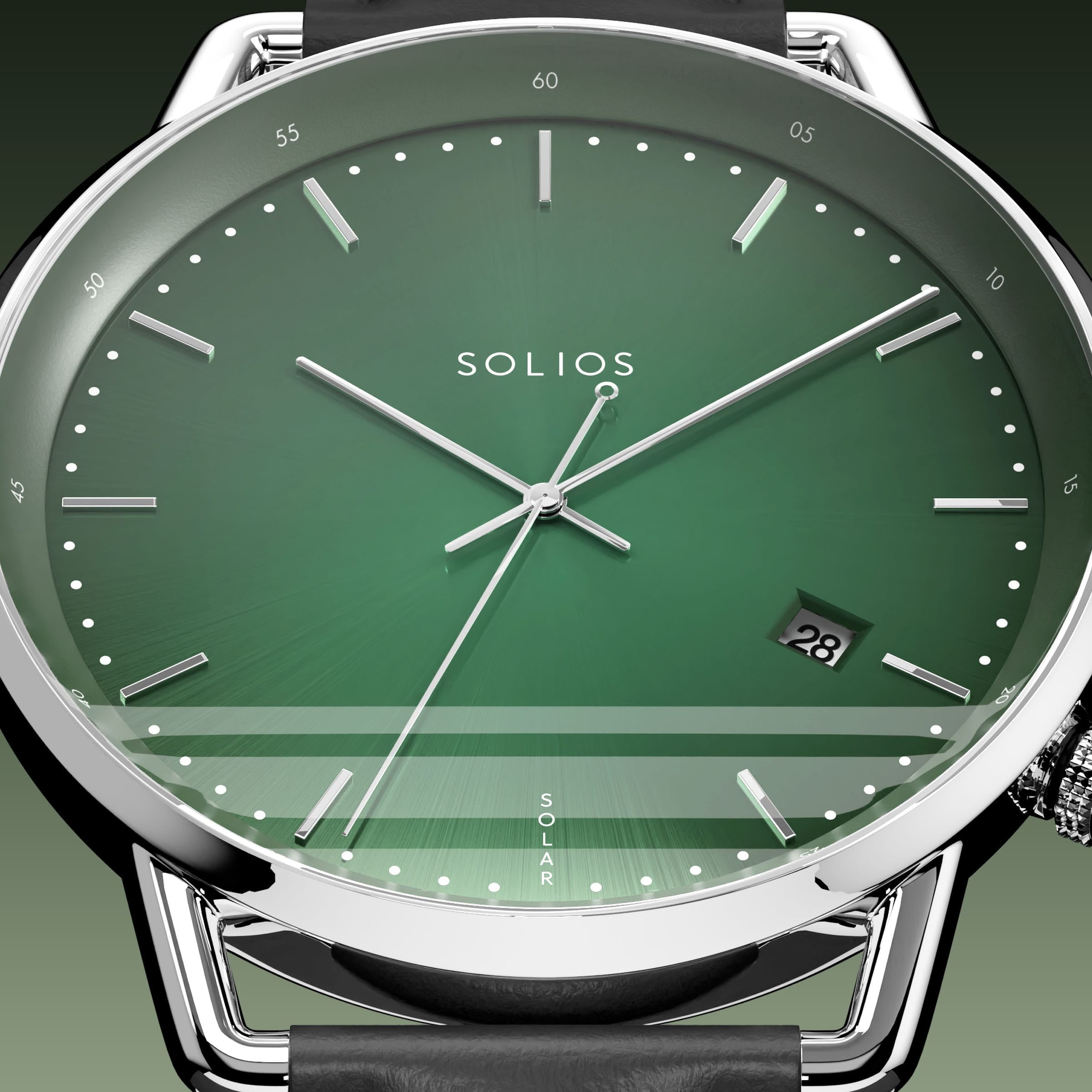 Close-up of the Solios Solar Curve green dial with silver hands and case, date and SOLAR text, black eco vegan leather straps