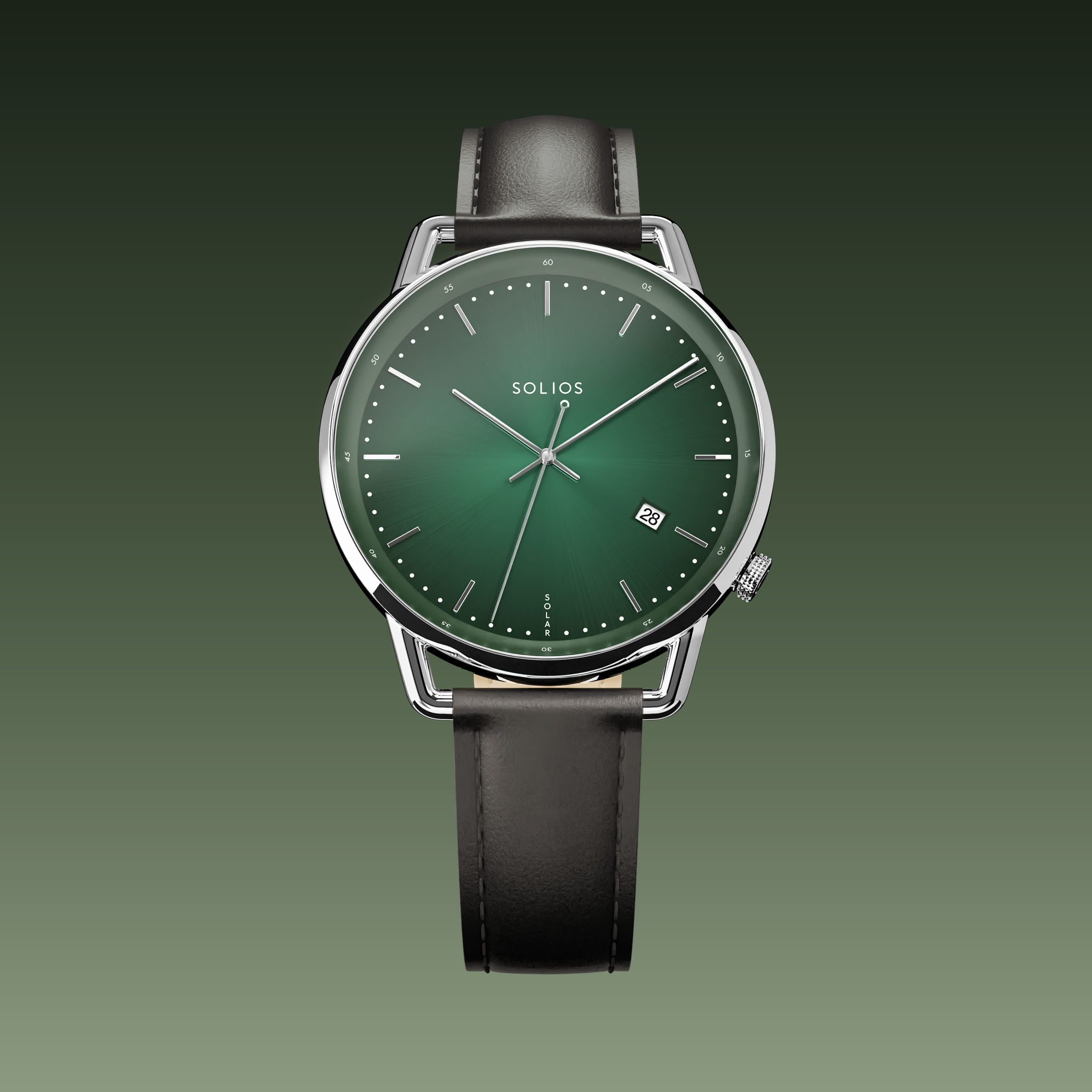 Solios Solar Curve watch, green dial and silver 40mm case, on a black eco leather strap, front view