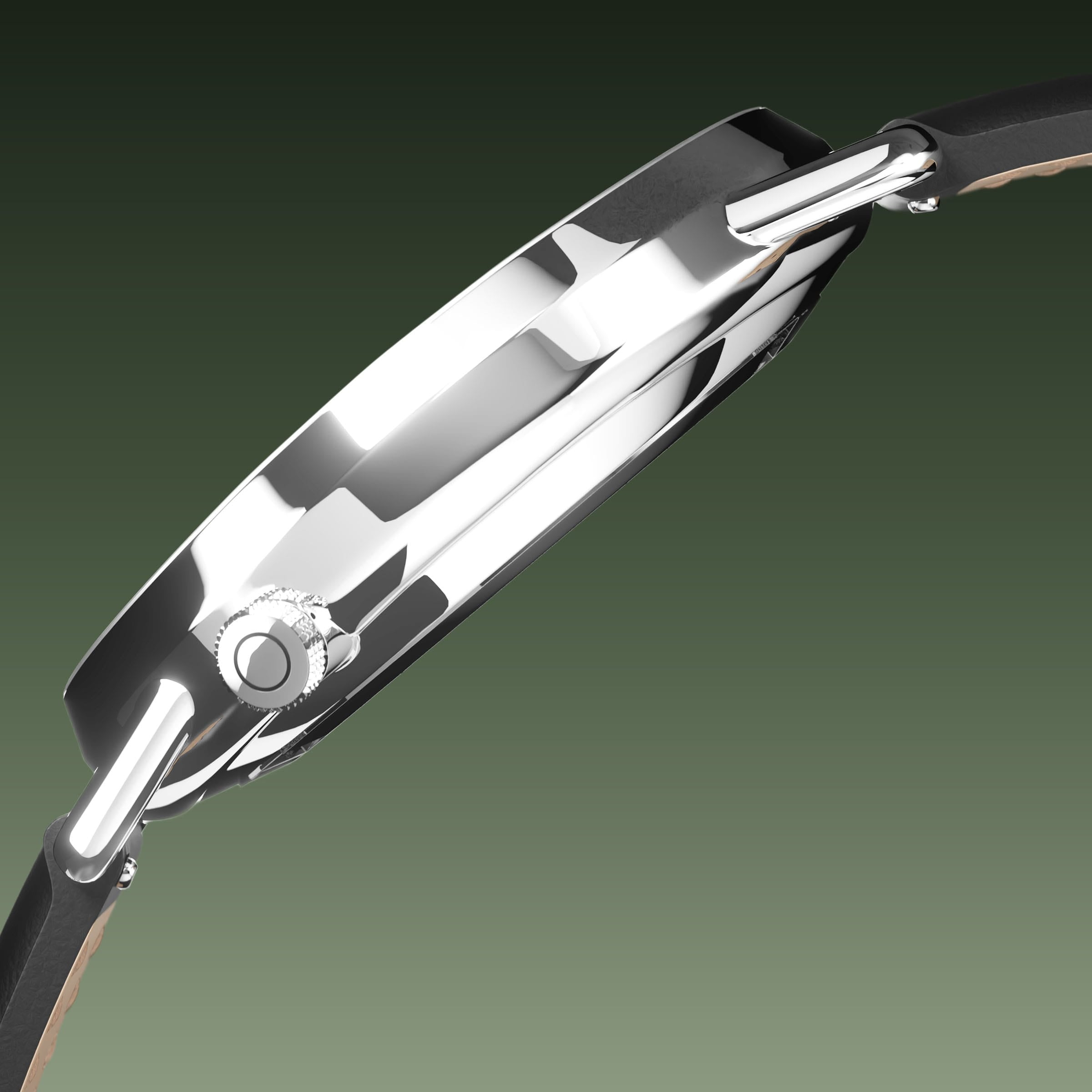 Side profile of the Solios Solar Curve, green dial and silver case, showing its curved sapphire crystal and crown,  black eco vegan leather strap